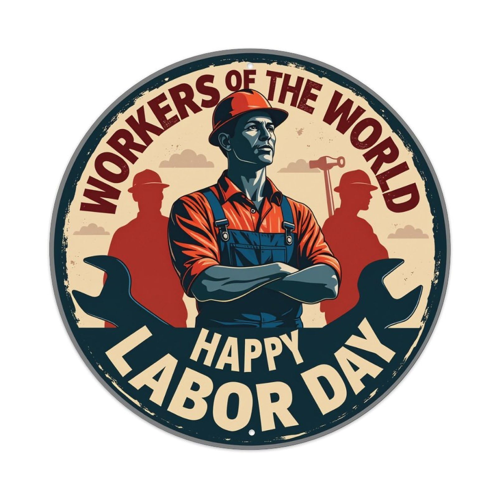 Worker Labor Day Celebration Emblem Round Tin Sign Retro Metal Sign for Cafe Bar Pub Home Game Room Gym Club Wall Decoration Vintage Metal Poster 8x8 Inch