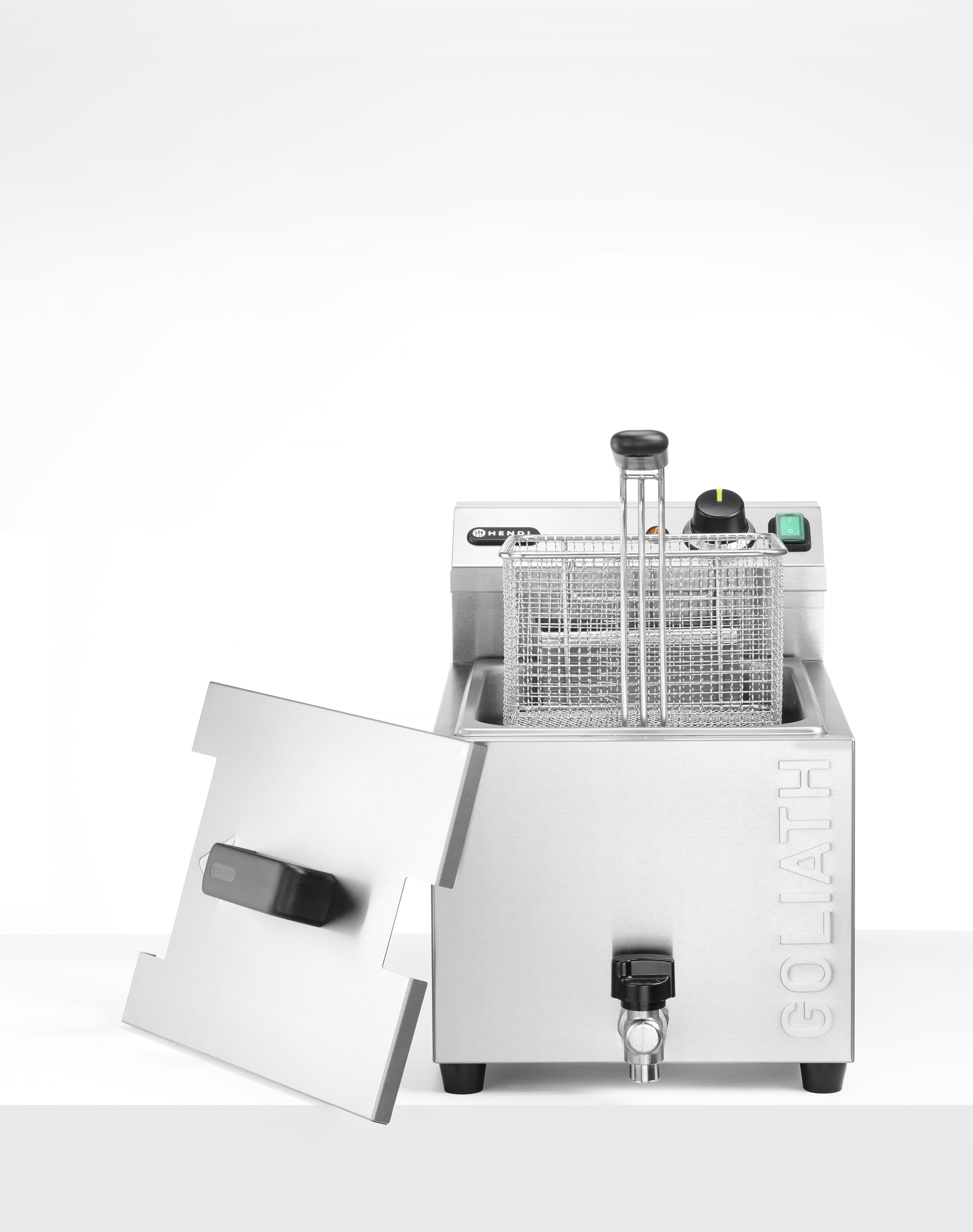 HENDI Freidora eléctrica XL GOLIATH, con grifo de vaciado, 50 °C-190 °C, zona fría, con tapa y cesta de freír, 10L, muy potente: 10200W, 400V, 300x585x(H)392mm, acero inoxidable