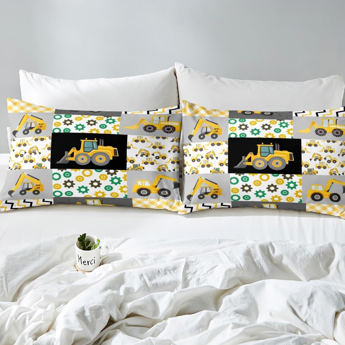 Toddler Cartoon Car Bedding Set Excavator Truck Duvet Cover Car Room Decor, Tractor Accessories Comforter Cover Geometric Grid Splicing Patchwork Bedspread Cover for Boys Teenagers, King