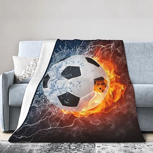 Perinsto Manta de balón de fútbol en fuego y agua, ultra suave y cálida para todas las estaciones, juego de fútbol, manta decorativa de forro polar