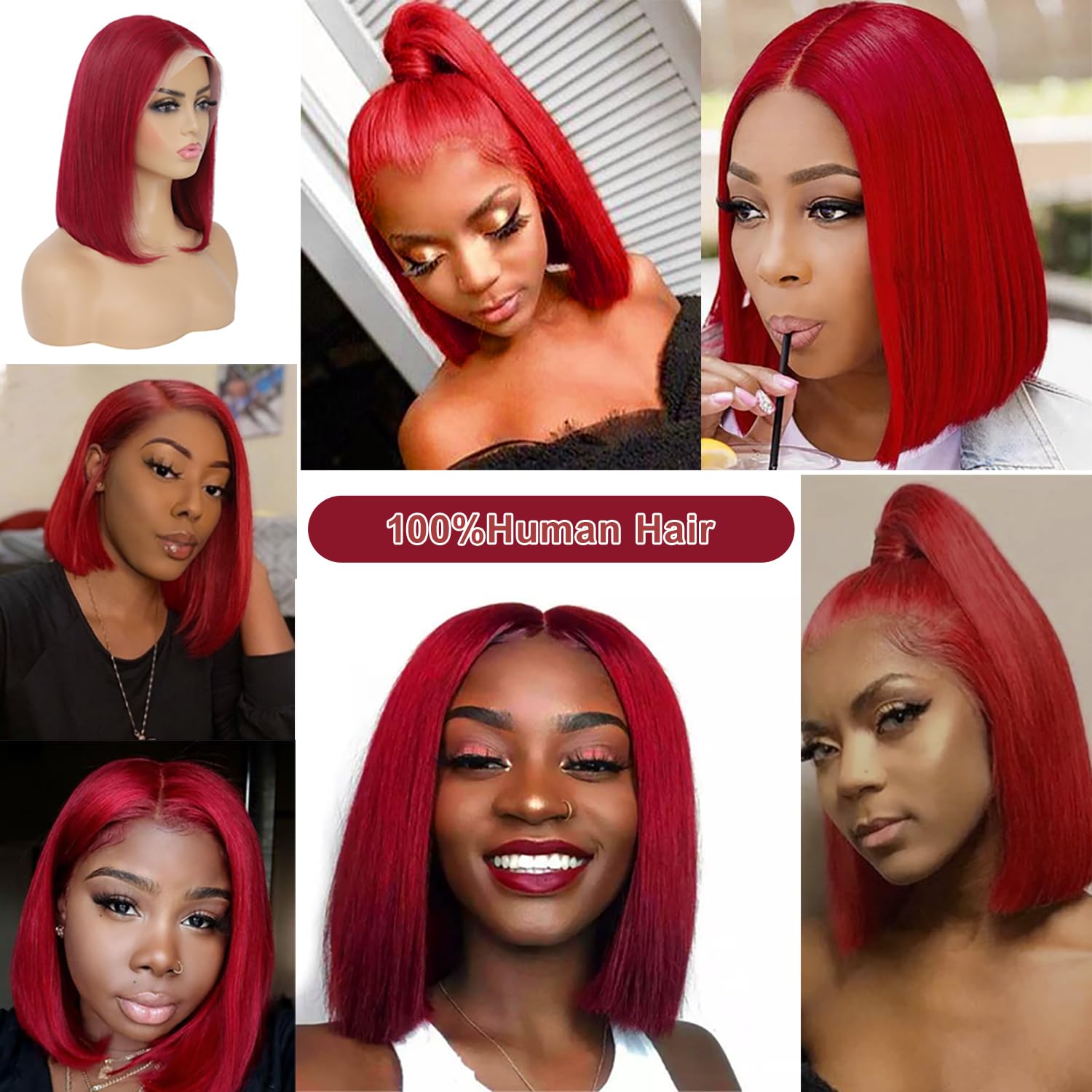 100% human red swoop bang bob hair wig bob with fringe human wig - 8 main image 2