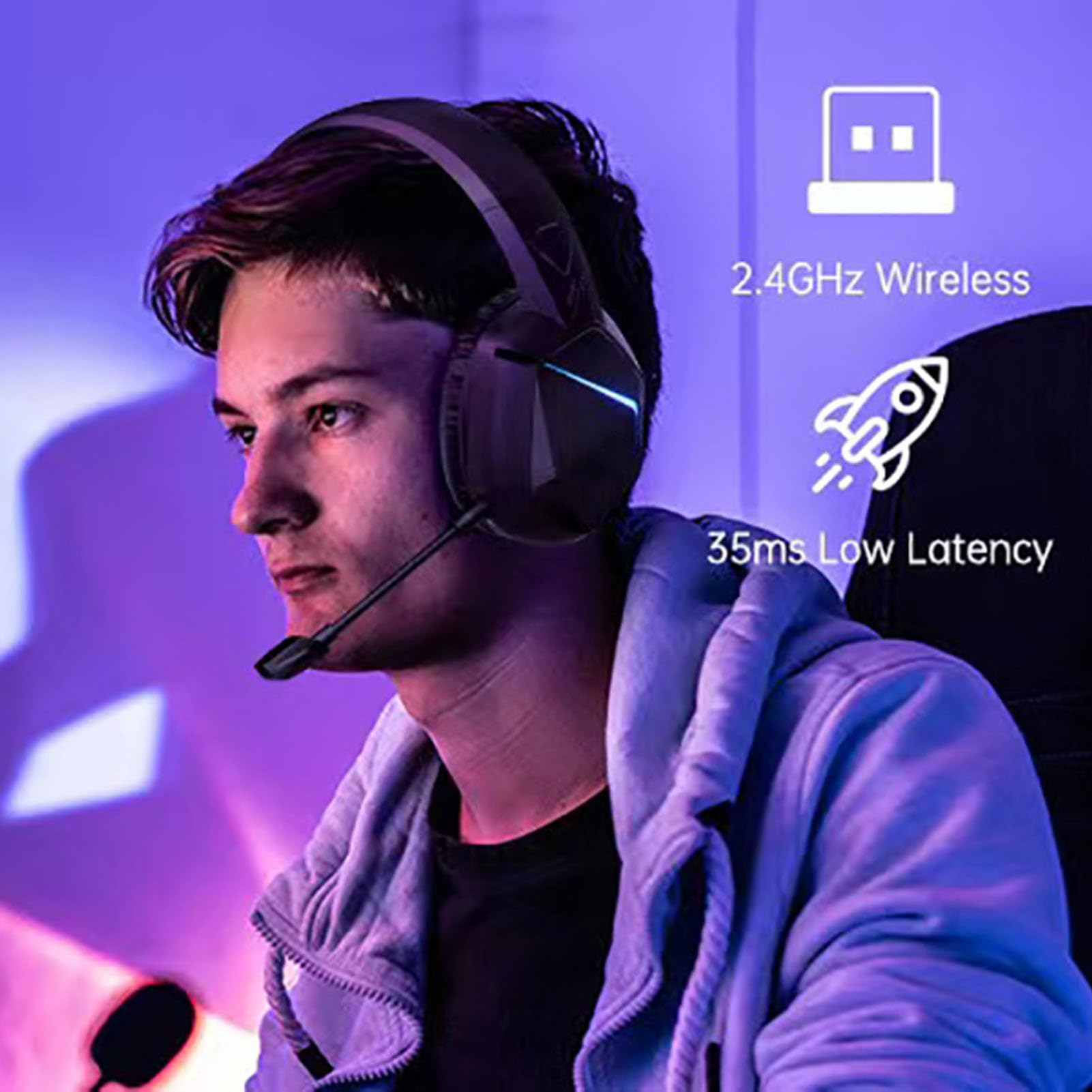 Septpenta Cuffie da Gioco Wireless da 2, 4 GHz, Illuminazione RGB, Cancellazione del Rumore a Bassa Latenza, Cuscinetti Auricolari Morbidi e Delicati sulla Pelle, Microfono Staccabile