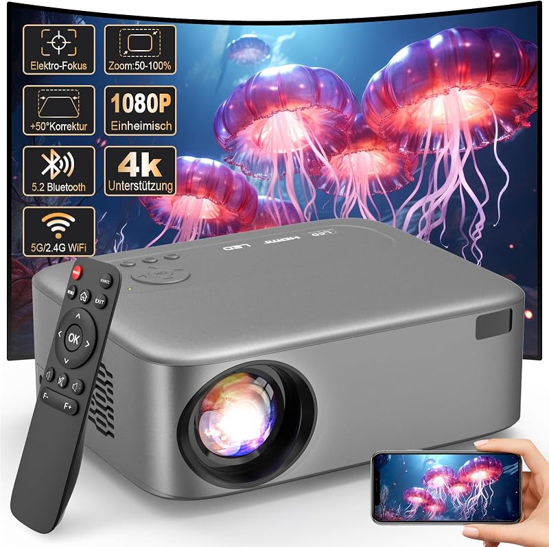 FRESHDEW Natív 1080P WiFi Projektor Bluetooth 5.2 Kapcsolattal - Elektromos Fókusz, 26000L LCD Házimozi Vetítő iOS/Android Kompatibilitással