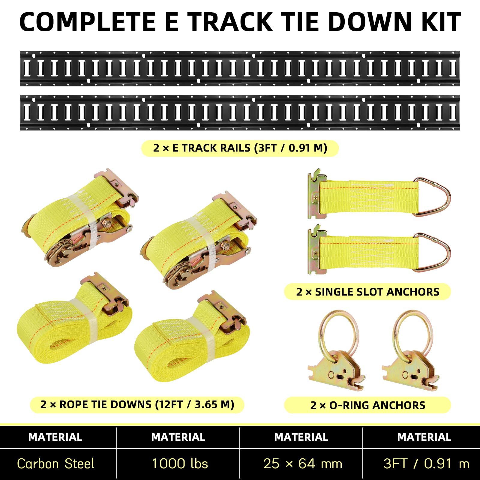 E Track - Set di binari di ancoraggio da 90 cm, sistema di fissaggio del carico a 2 binari | in acciaio al carbonio, portata 454 kg, con ancoraggio ad anello e corda da 3,65 m, per rimorchi, furgoni, pickup