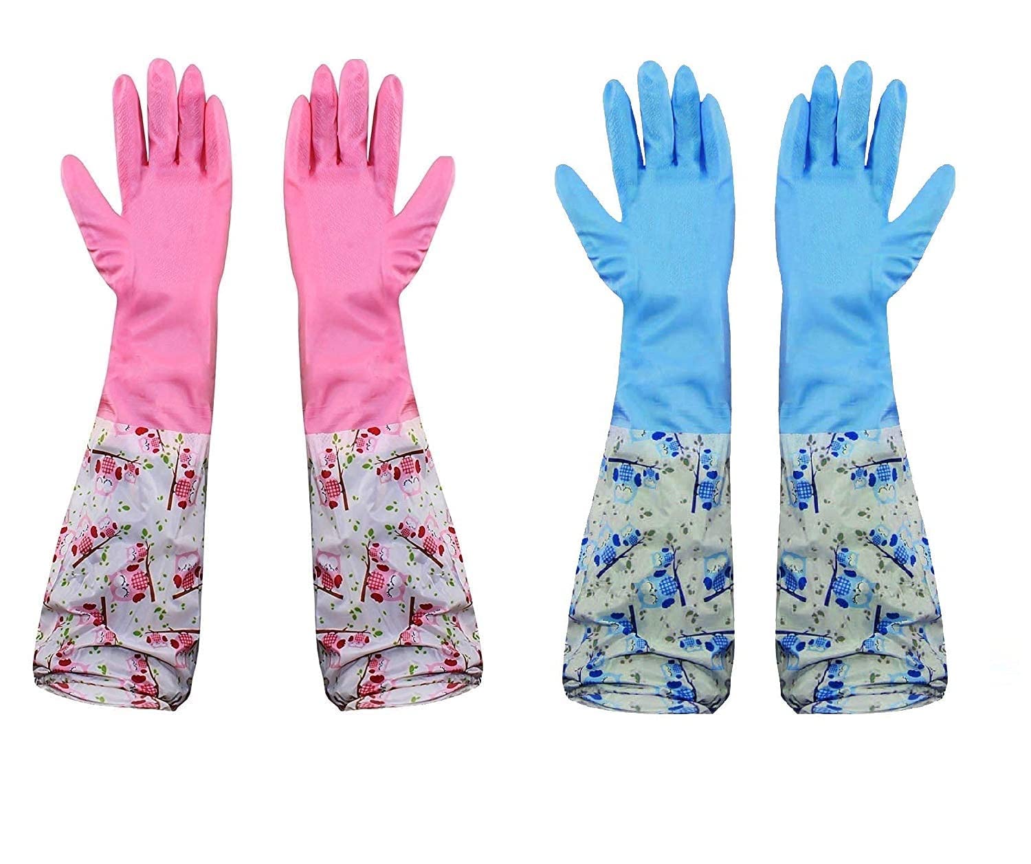 MAAUVTOR Reusable Rubber Latex Pvc Flock Lined Long Elbow Hand Gloves Safety Kitchen For Dish-Washing,Cleaning,Gardening,Laundry And Sanitation And Lab Work(Blue)(Pack of 1 Pair Blue And 1 Pair Pink)
