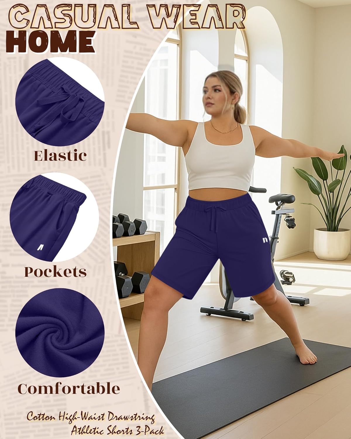 Neer 3 Pack Plus Size Women's Bermuda Shorts Cotton Drawstring High Waisted Casual Athletic Sweatpants Shorts with Pockets - Image 4