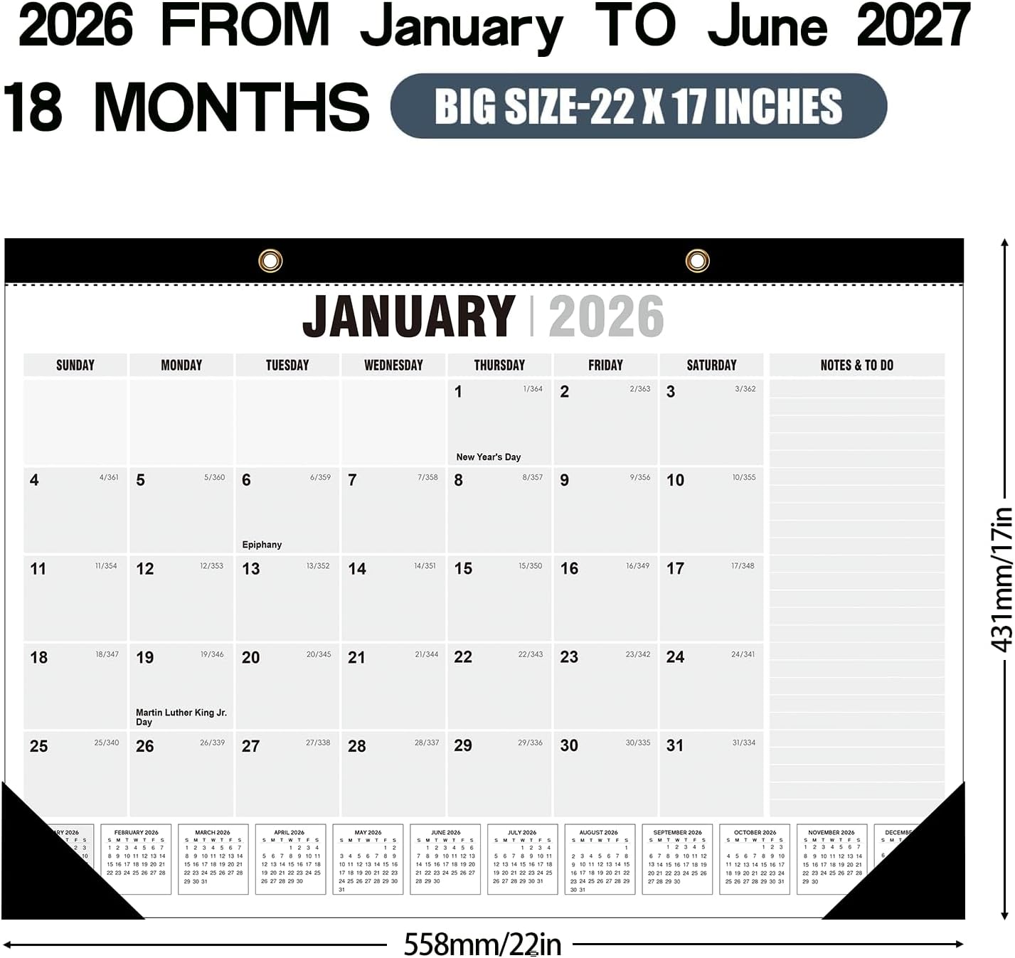 Desk Calendar 2026-2027 - 22" x 17", With 2 sticker, 18 Month Calendar Running to June 2027, Desktop/Wall Monthly Calendar Thick Paper, Corner Protectors for Homeschool or Office 2026-2027 Black 22"x17"