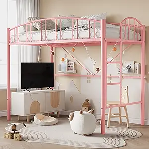 GarveeHome Loft Bed Twin Size, Heavy Duty Metal Loft Bed Frame with Arched Guardrail and Safety Ladder, Space-Saving, No Box Spring Needed, Modern Pink