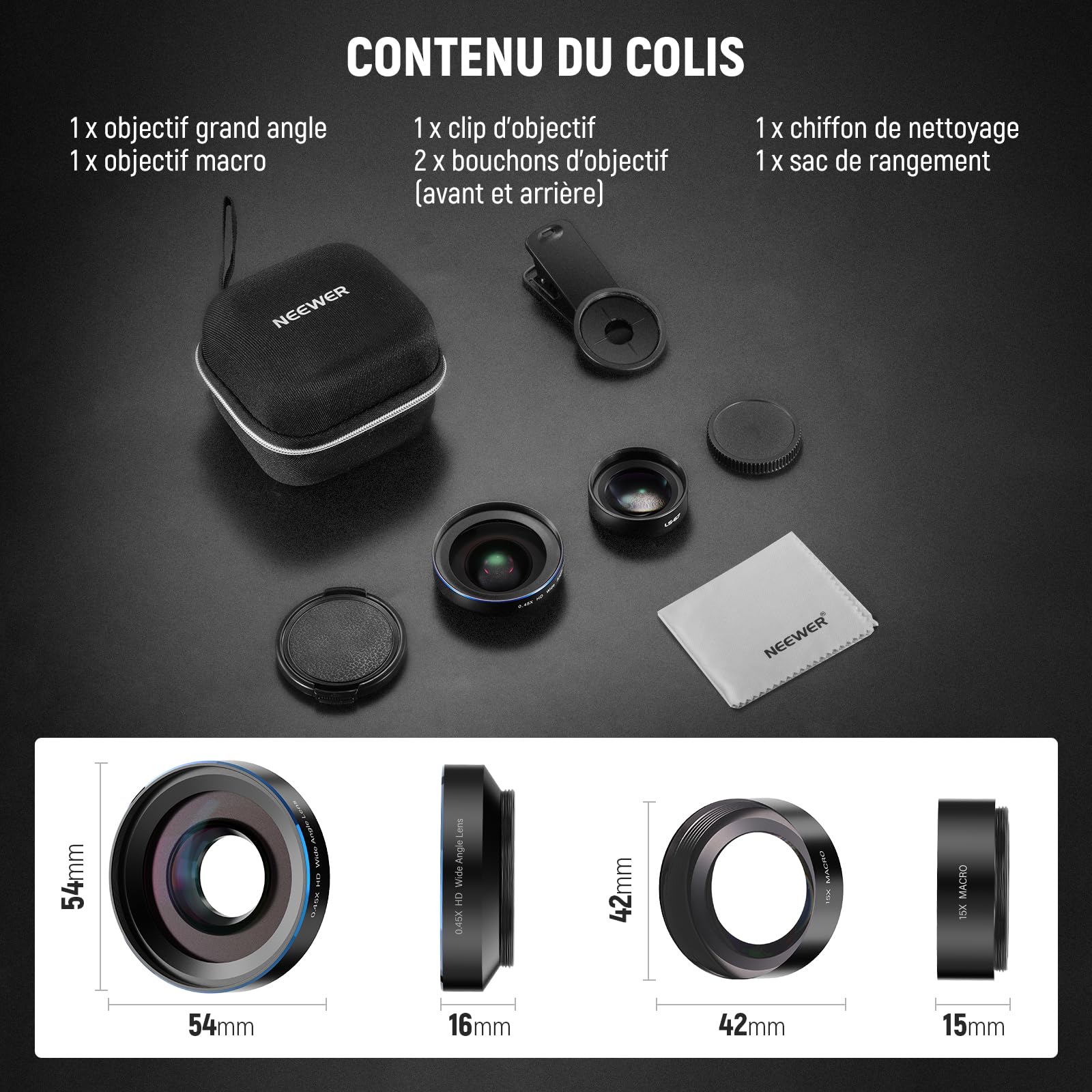 NEEWER BASICS Kit d'accessoires 2 en 1 pour objectif d'appareil photo de téléphone,grand angle HD 0,45x + macro 15x,pince d'objectif 37 mm,compatible avec iPhone,Samsung et Android,LS-67