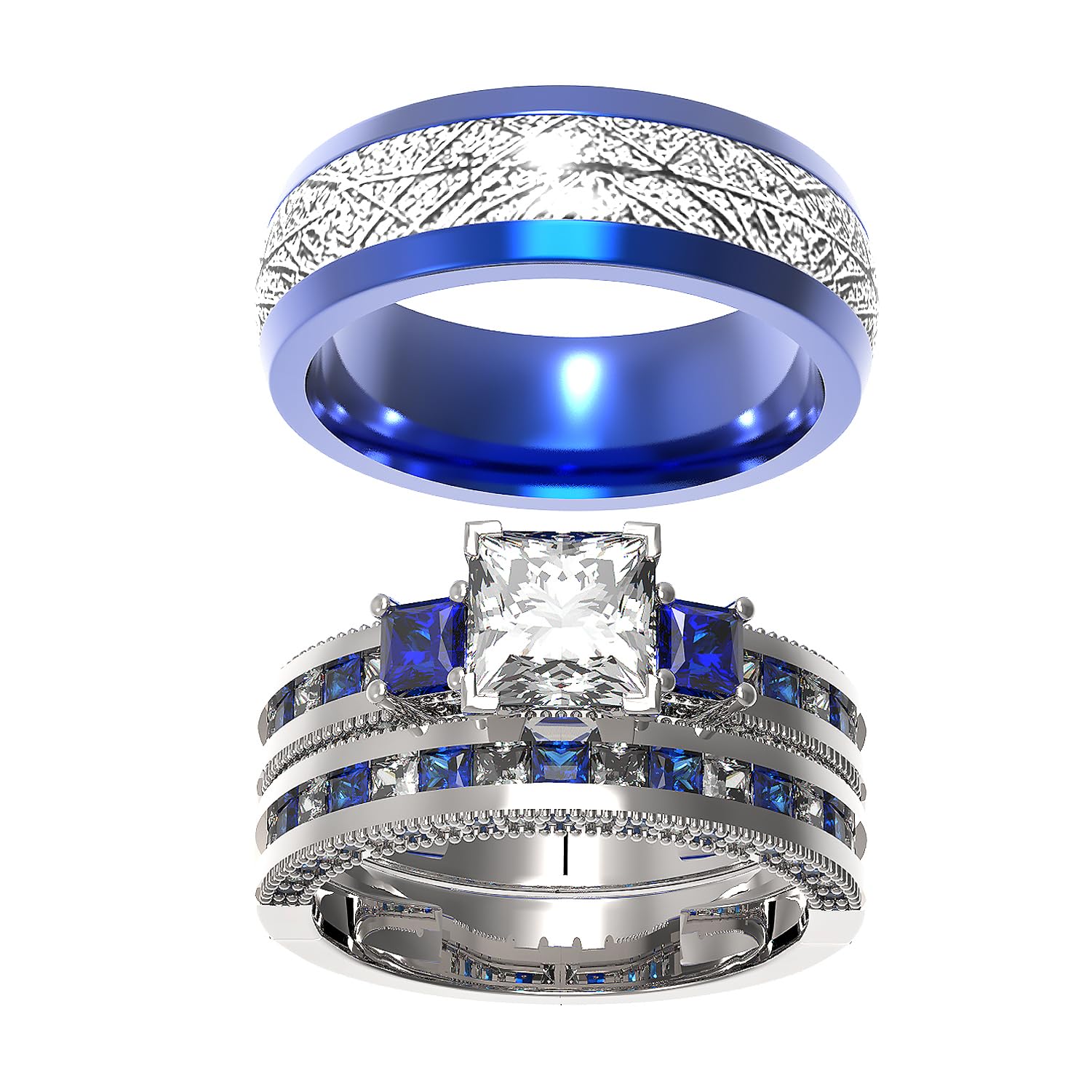 Couple Ring Bridal Set His And Hers Women 10k Yellow Gold Filled Square CZ Men Stainless Steel Band Wedding Ring Band Set