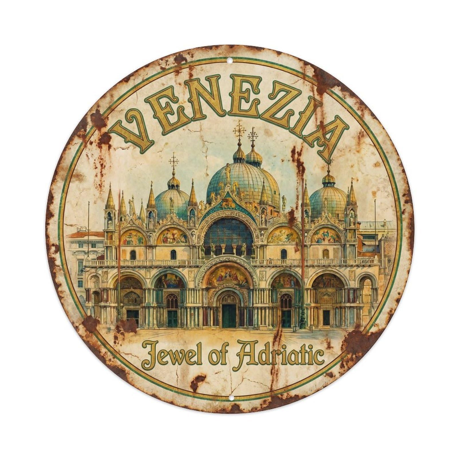 Vintage Travel Venice Saint Mark Cathedral Metal Tin Sign Plaque Wall Decor for Cafe, Club, Garden Round Metal Poster 8x8Inch