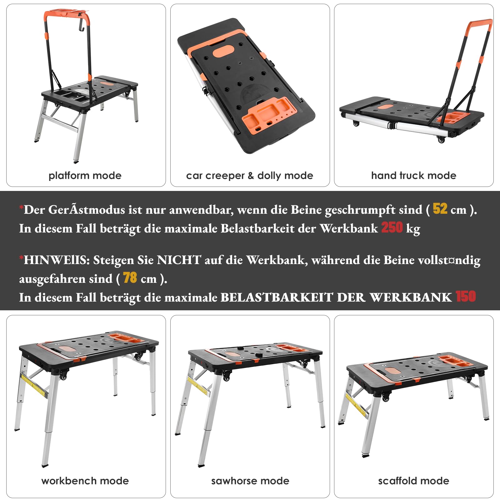 LIFERUN 7 in 1 Werkbank Klappbar,Faltbar Werktisch,Arbeitstisch Werkstatt Höhenverstellbar,Tragbar Spanntisch mit Integrierte Steckdose,Sackkarre Transportkarre mit 4 pcs Rollen,für DIY-Arbeitsplatz | Tragbar Spanntisch mit Integrierte Steckdose, Höhenver