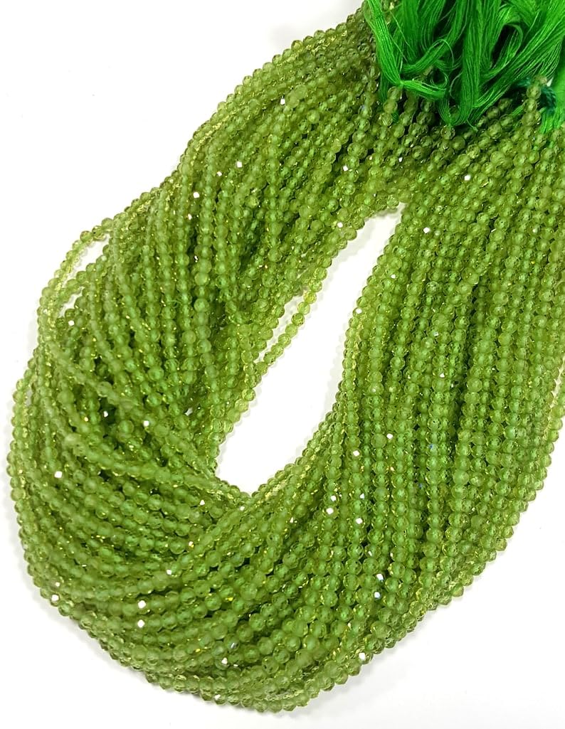 Perles rondes à facettes péridot naturel 3 mm fil de pierre fine fabrication bijoux collier