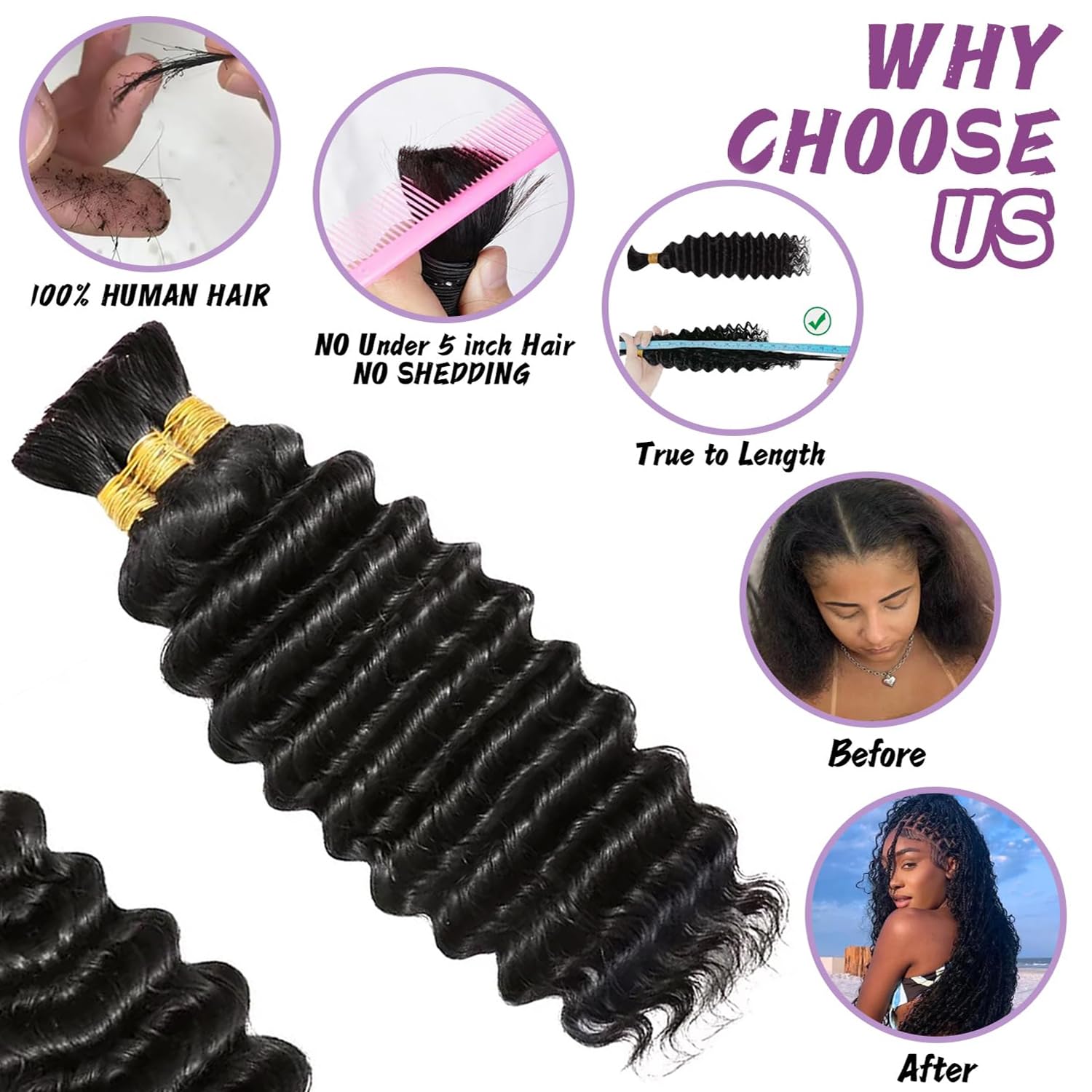 Flechthaar für Boho-Zöpfe, 110 g, 40,6 cm, lockiges Boho-Haar zum Flechten, knotenlos, 12 A, tiefe Wellen, Bulk Bohemian 3 Bündel/Packung (99J)