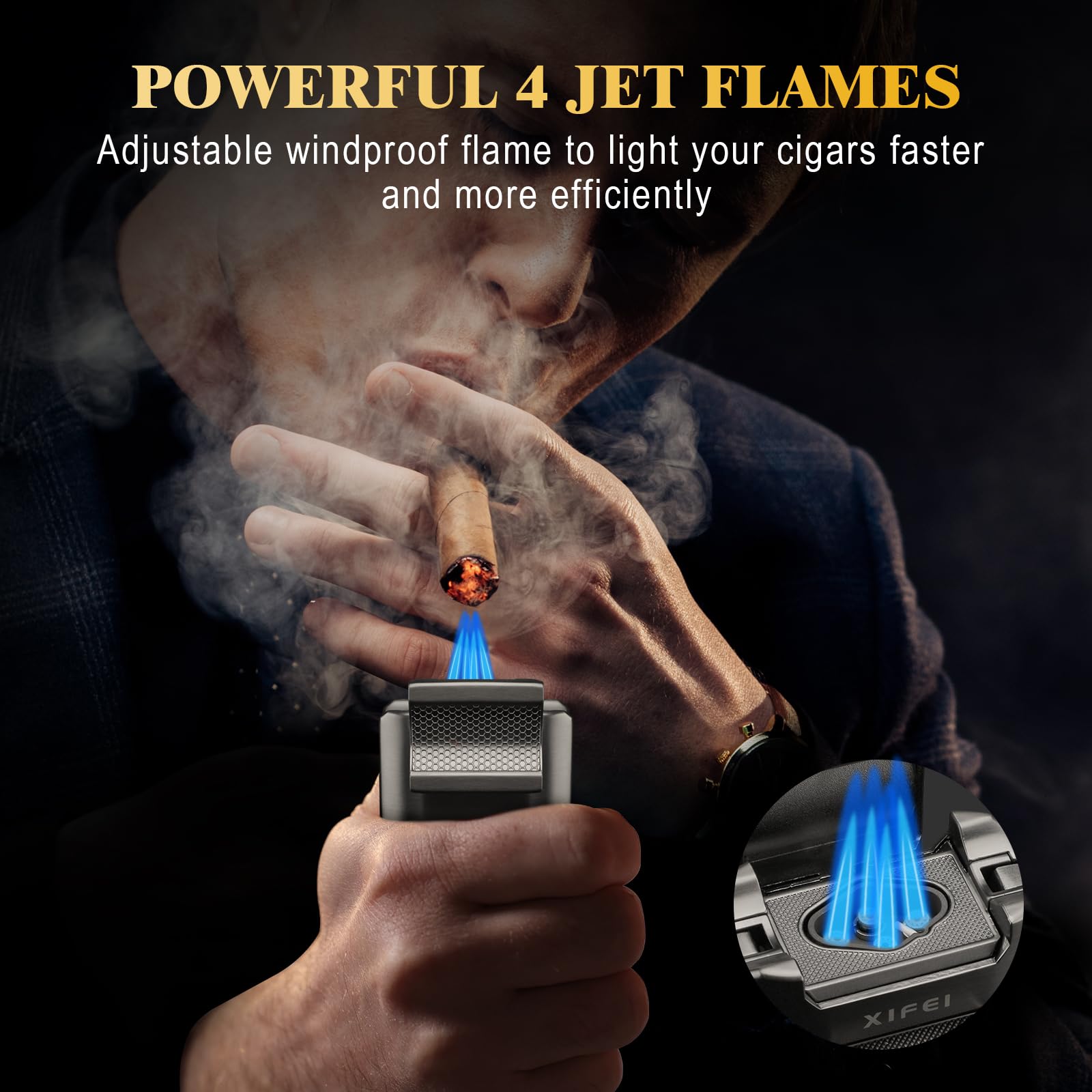 XIFEI 6-in-1-Zigarrenfeuerzeug, Desktop-Feuerzeug mit geradem Schnitt, V-Cut-Zigarrenschneider, Dual-Zigarrenpunsch, Zigarrenzug-Verstärker, Zigarrenhalter, 4 Jet-Flamme, nachfüllbar,