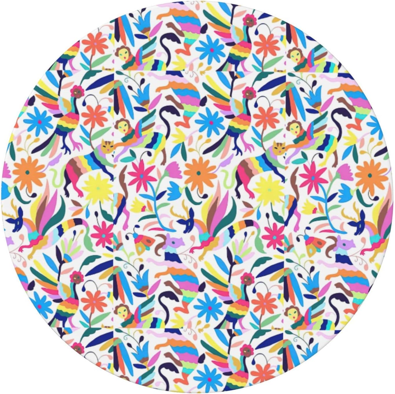 Mexican Otomi Animals Print Outdoor Patio Kitchen Decor Supplies Wipeable Round Table Cloth for Indoor Outdoor