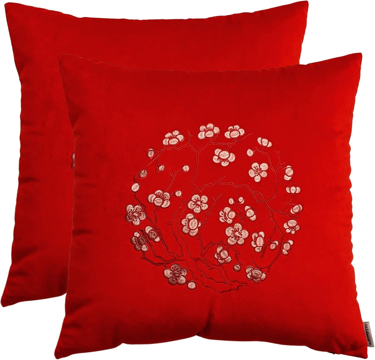 Wintersweet Velvet Throw Pillow Case Cushion Cover, Flower Embroidered, Oriental Chinese, Lunar New Year Christmas Holiday Home Decor, 20x20 in, 2 pk