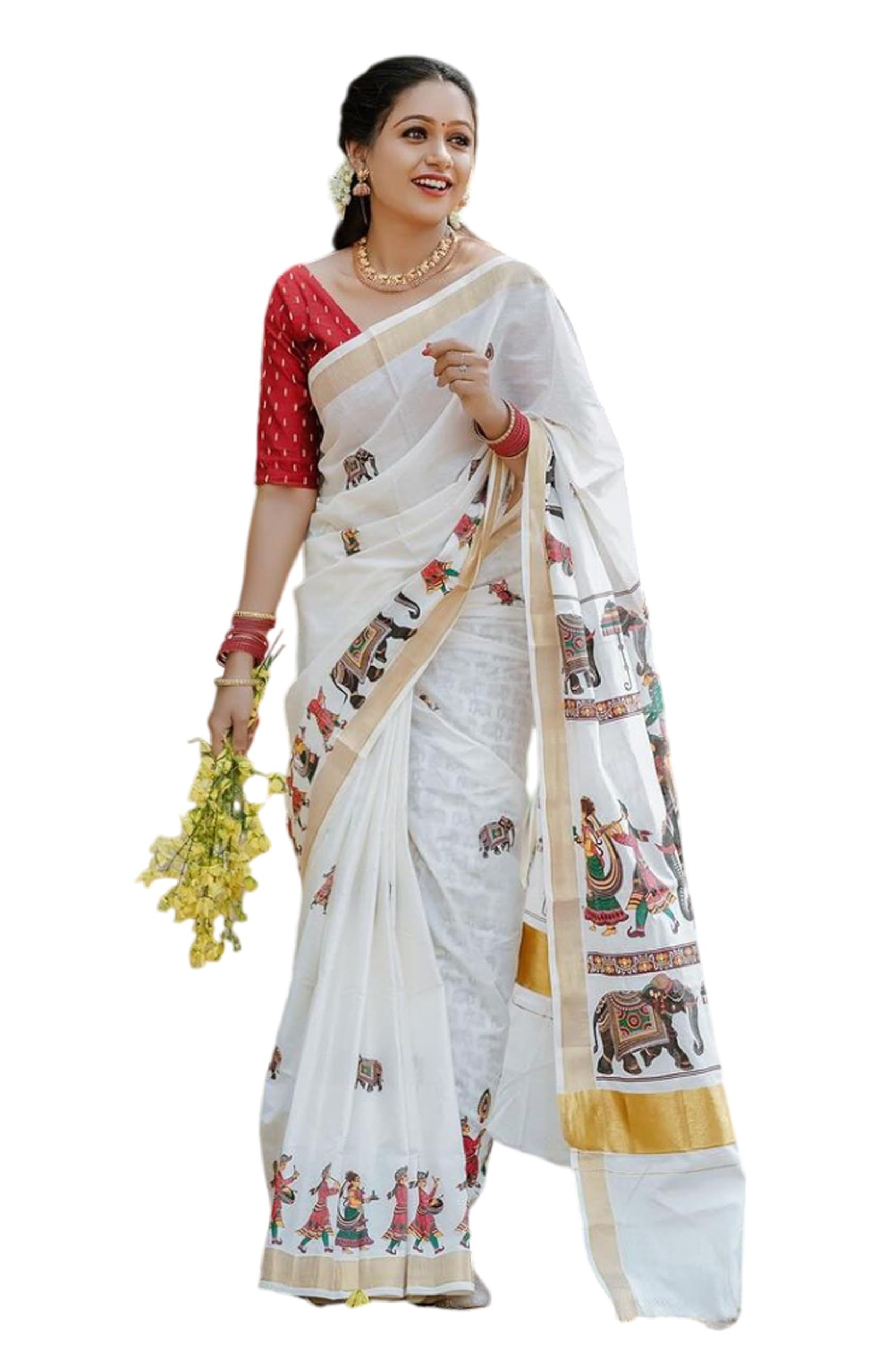 HMP FashionWomen's Linen Saree with Digital Print, Floral Pattern, Royal Ethnic Print, with Linen Slub Silk Blouse Piece