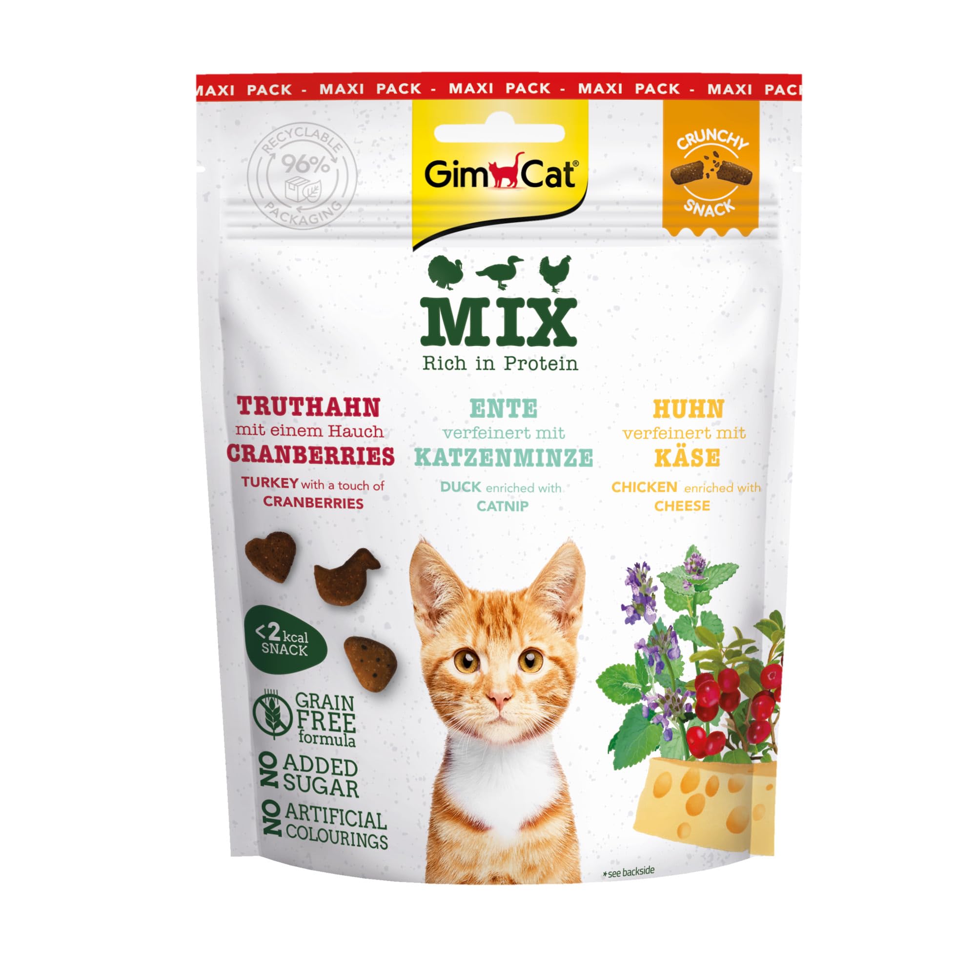 GimCat Mezcla de Aperitivos crujientes - Golosinas para Gatos crujientes y ricas en proteínas - 1 Bolsa (1 x 140 g)