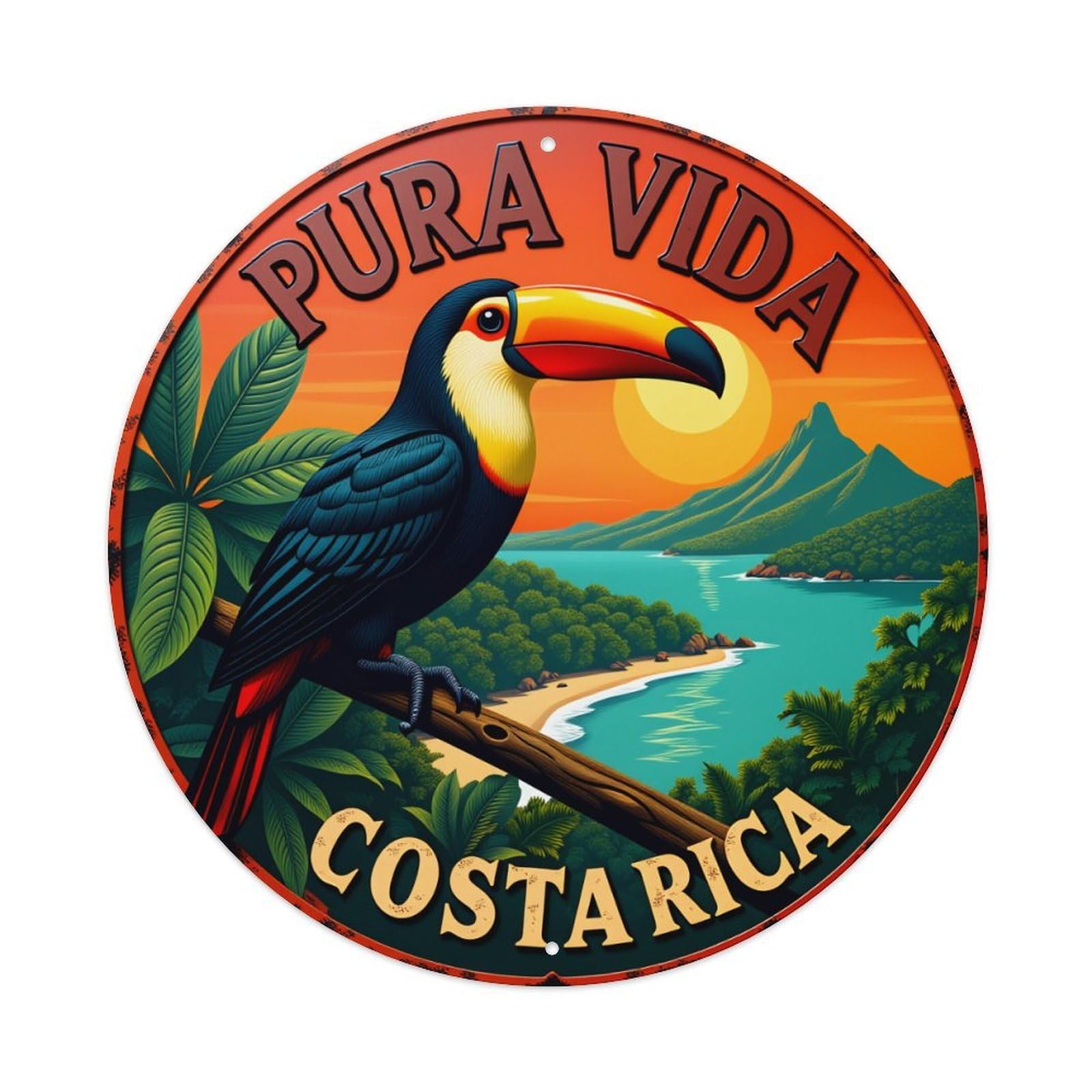 Toucan Sunset Beach Mountains Jungle Vintage Metal Tin Sign Retro Wall Decor for Home Bar Garage Cafe, Indoor & Outdoor Decorative，circle Metal Poster, 8x8 Inch