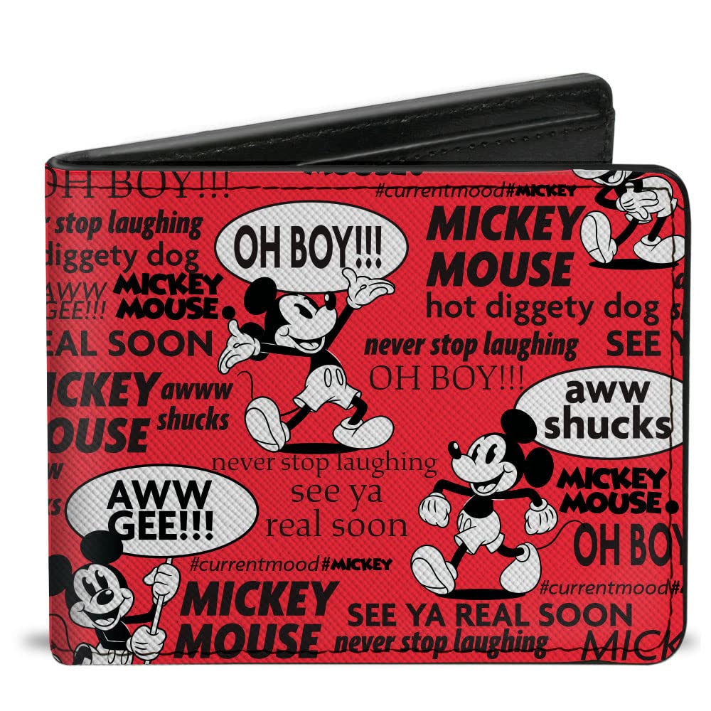 Buckle-DownWallet Bifold PU Mickey Mouse Poses and Quotes Collage Red Black White, Mickey Mouse, 4.0" x 3.5", Bifold Wallet