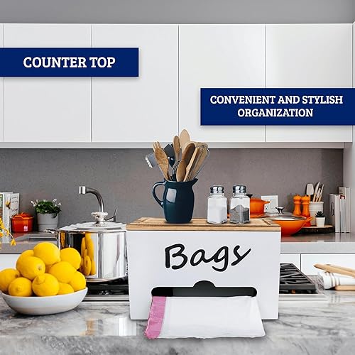 Miniatura 5 de Dispensador de cajas de basura extra grande, soporte para bolsas de basura  Soporte de rollo de bolsa de basura blanca con tapa de bambú  11 x 7 x 7