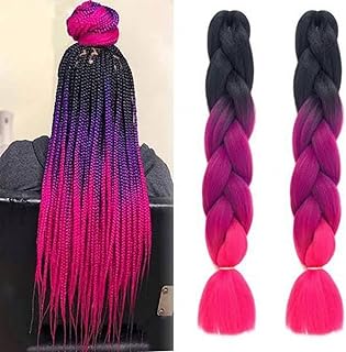 وصلات شعر مضفرة كبيرة الحجم من الألياف الصناعية بألوان متدرجة أسود وأرجواني وفوشيا، 60 سم، من قطعتين