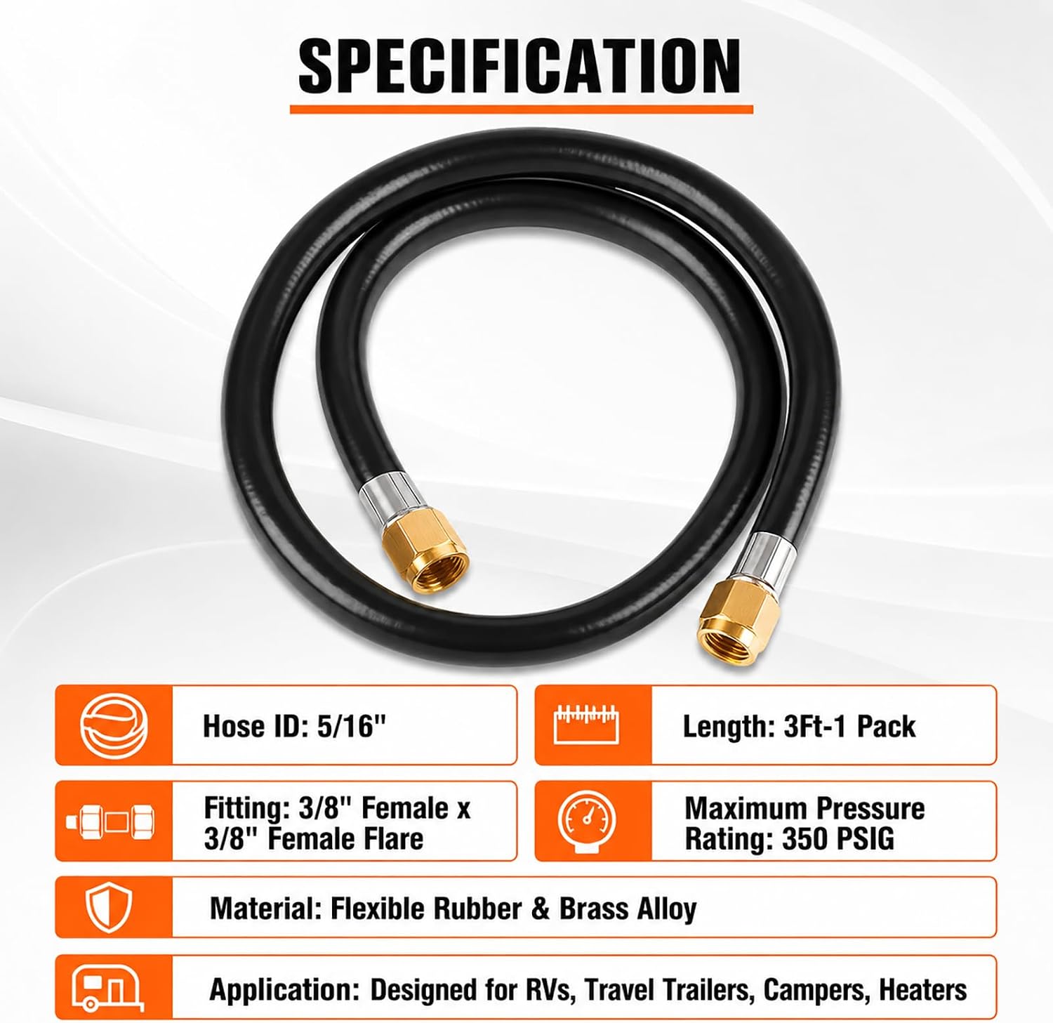 Wadoy RV Propane Hose Connector Assembly 3 Foot - 3/8" Female Flare x 3/8" Female Flare Quick Connect Hose 59913 (Total length 3.28ft)