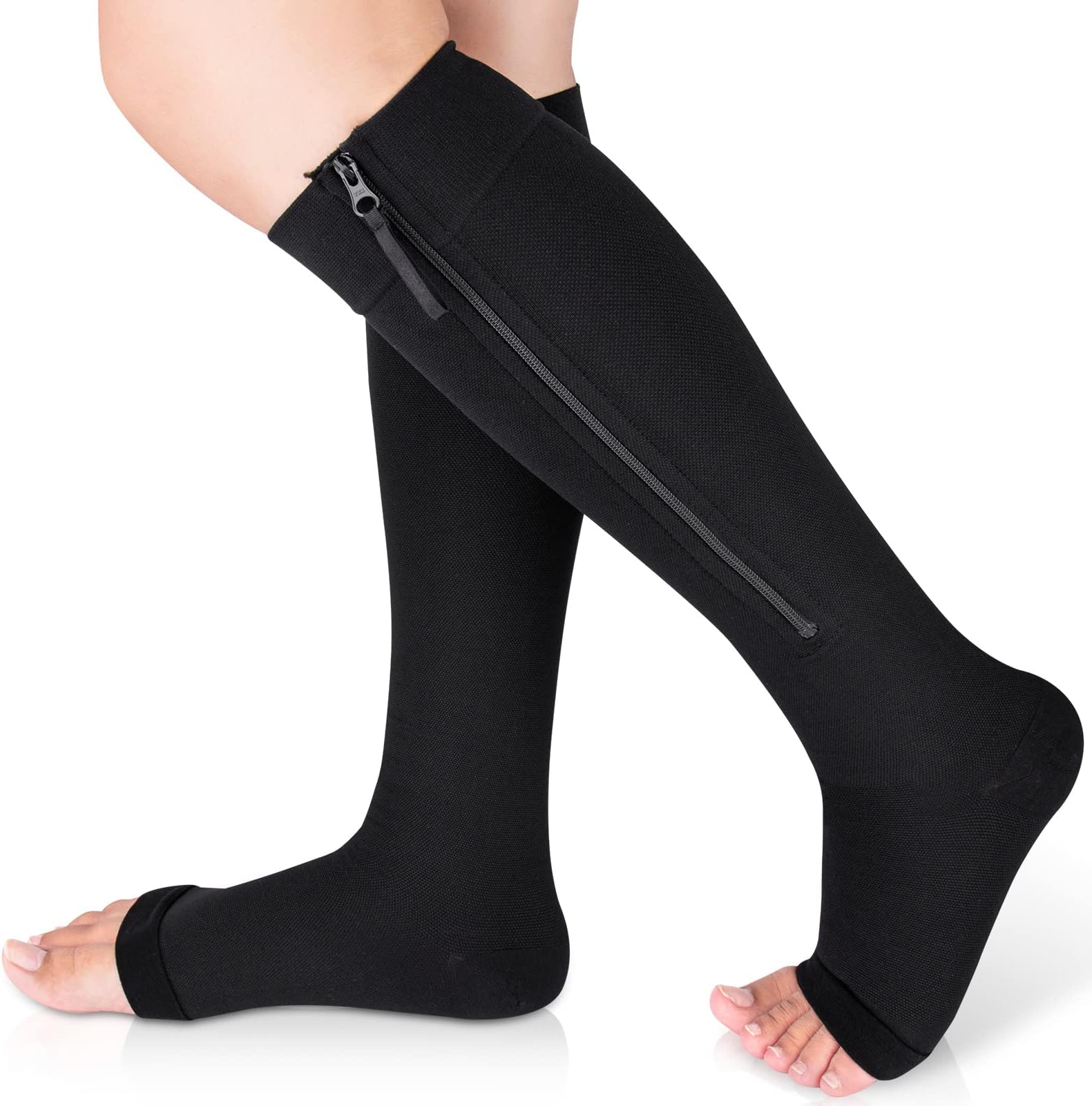 Medical Compression Socks with Zipper, Knee High 15-20 mmHg Compression Socks for Women Men, Open Toe Support Socks for Varicose Veins, Edema, Recovery, Pregnant, Nurse