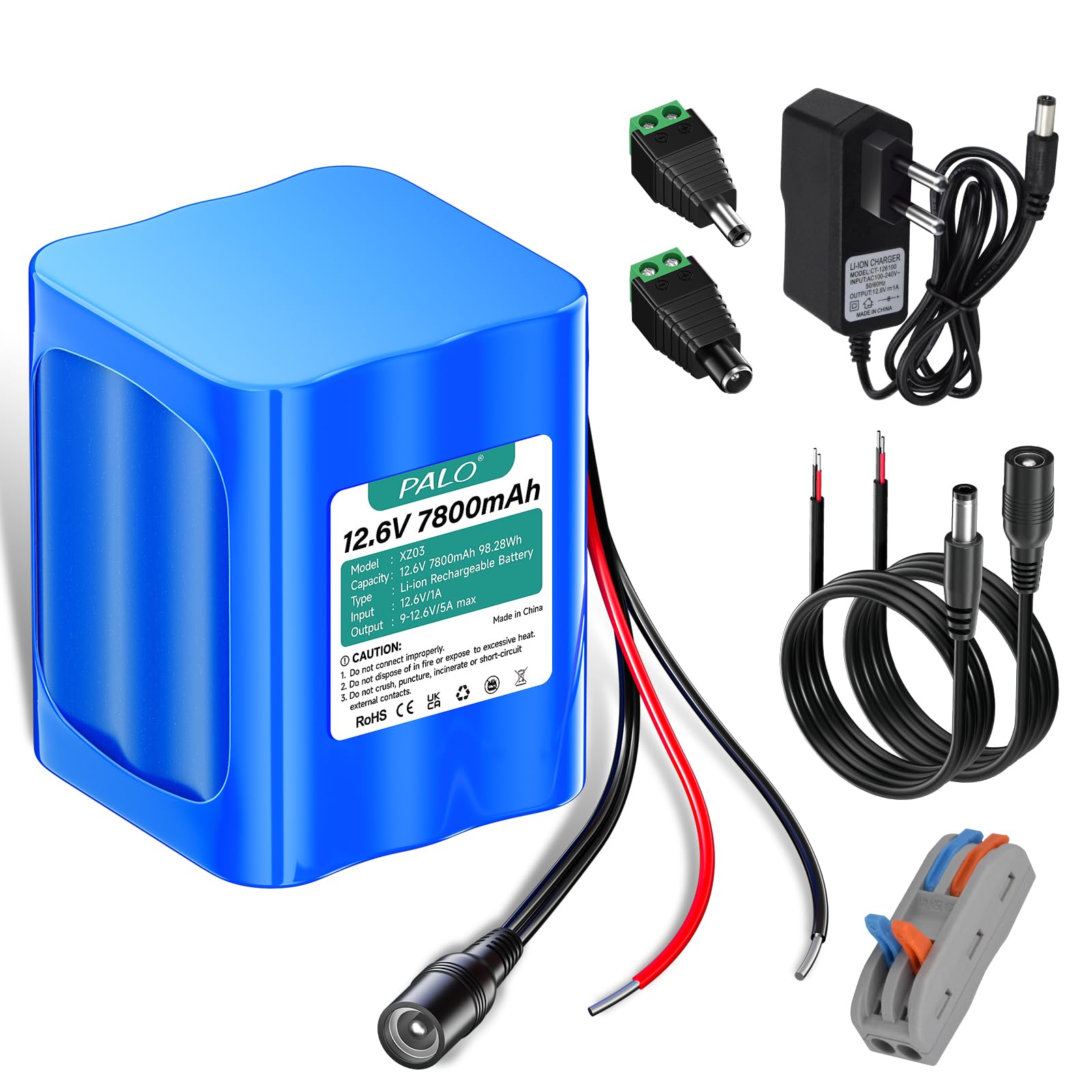 12.6V 7800mAh Batterie Lithium-ION avec Chargeur et Ligne Connexion et Adaptateur connecteur,pour Panneau Solaire,caméscopes,Surveillance vidéo,Routeur Domestique, systèmes d'alarme