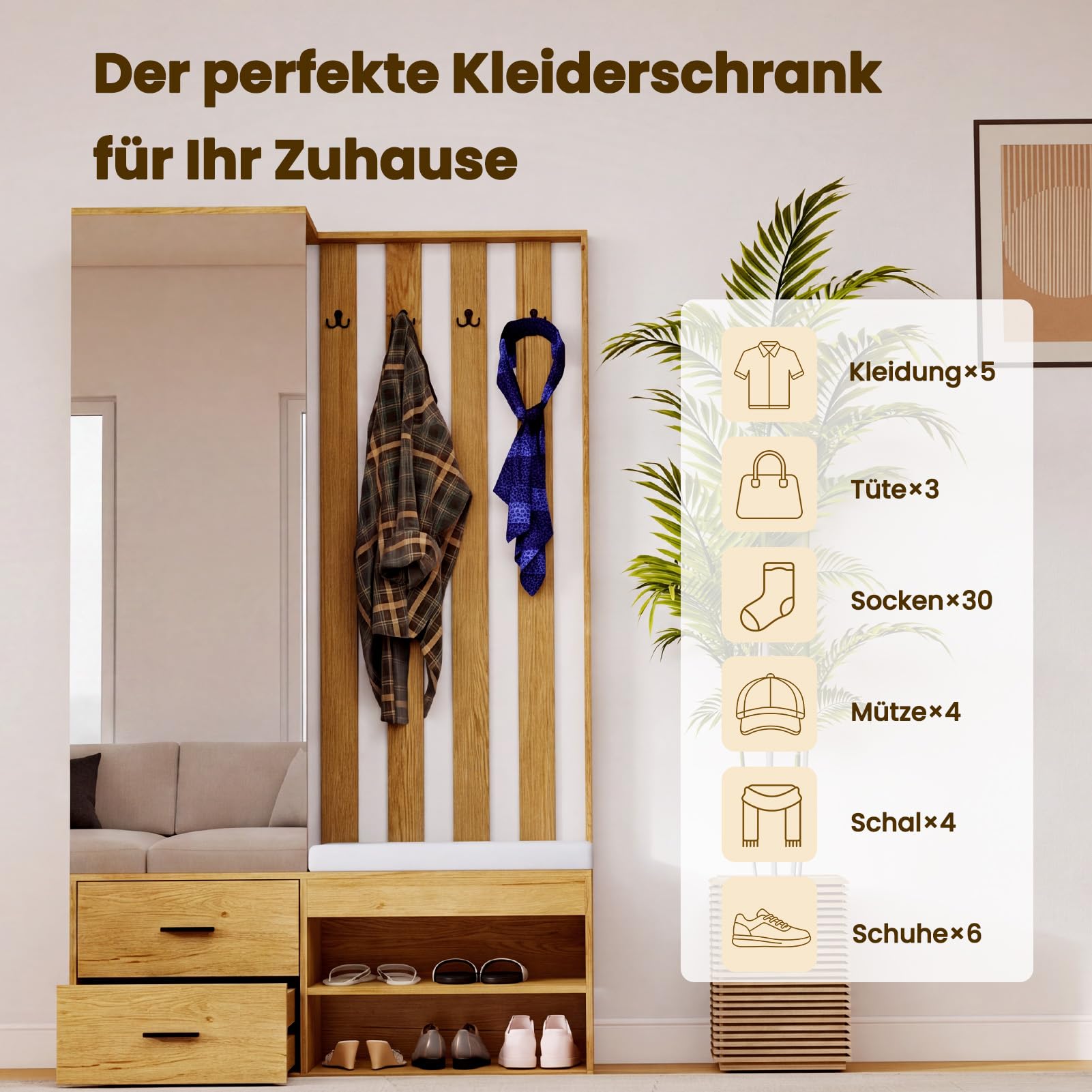 HAUSPROFI Garderobe Set Garderobenset Hoch mit Spiegel und Sitzbank, Garderobenschrank Flurgarderoben Set mit Haken und 2 Schuhschrank, Kompaktgarderobe mit 2 Schubladen, Flur Möbel, Holzfarbe