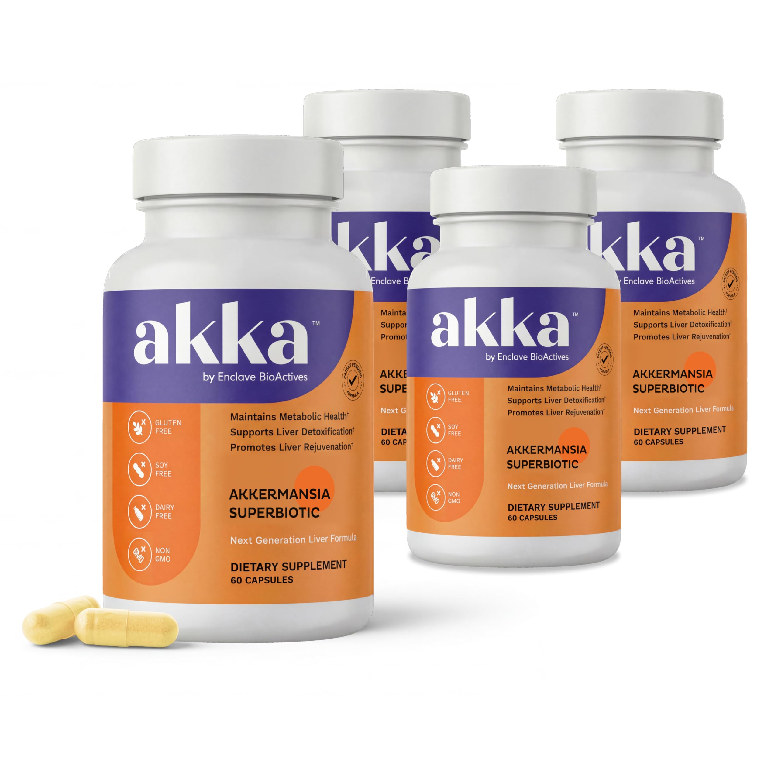 AKKA Probiótico com Akkermansia muciniphila, pacote com 4 frascos de 60 cápsulas