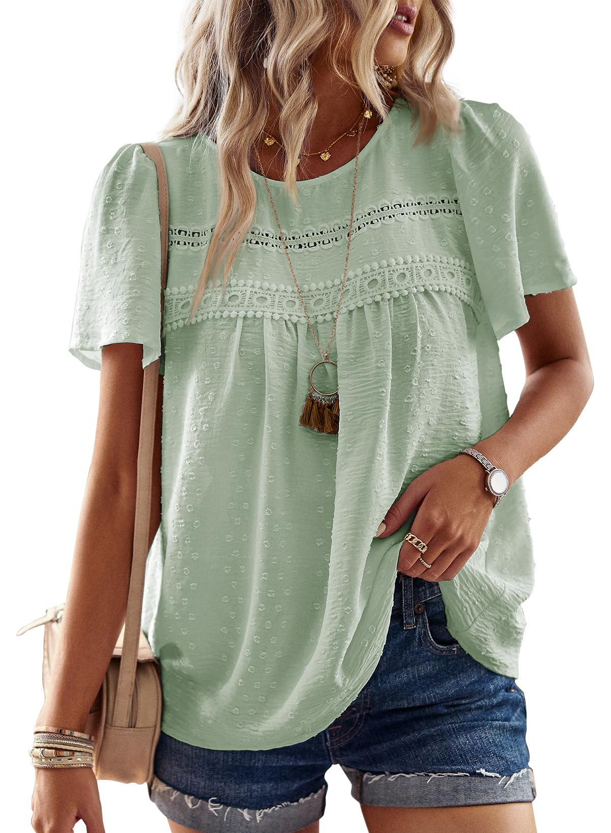 Falechay Womens Summer Tops Flowy Boho Shirts Dressy Casual Short Sleeve | Crewneck Loose Fit Blouses, Hide Belly Fat, Lace Hem Ladies Tunic, Babydoll Crochet Clothes, Swiss Dot, Work, Vintage, XS-6XL