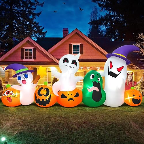 Miniatura 6 de Inflables de Halloween de 8 pies para decoración al aire libre, fantasma inflable con luz LED de calabaza, inflables para decoración al aire libre,