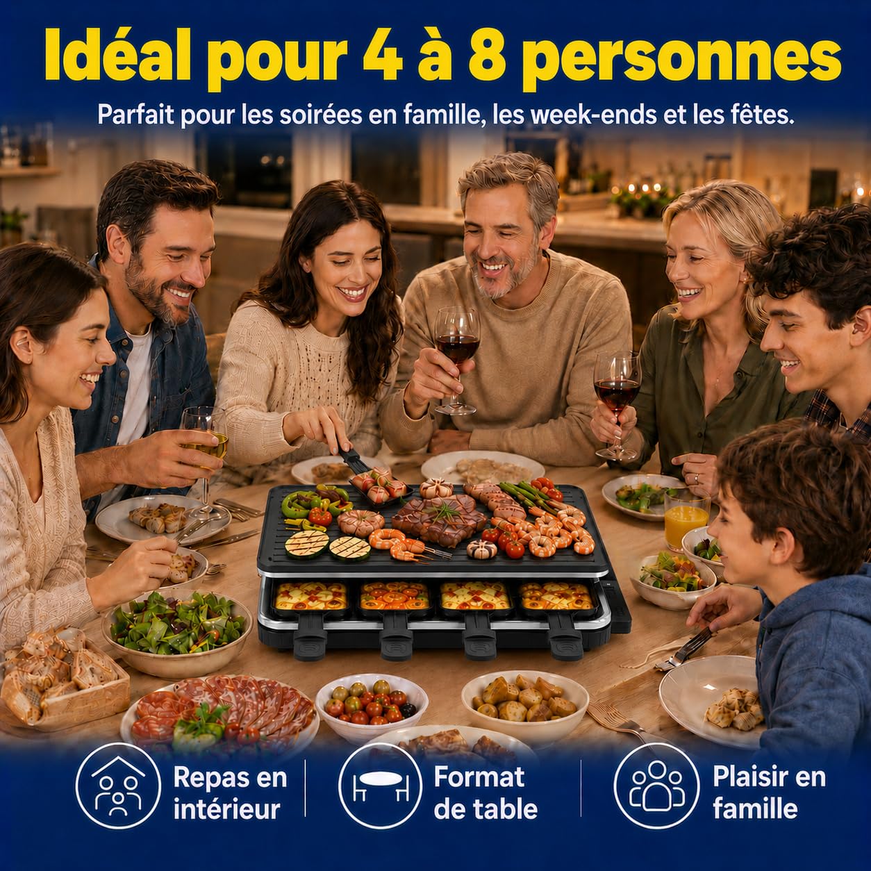 Griglia per Raclette, Raclette 8 Persone, 1300W Griglia Elettrica Antiaderente Reversibile con 8 Padelline per Formaggio Raclette in Miniatura e 1 Spatola di Legno, per Barbecue al Chiuso