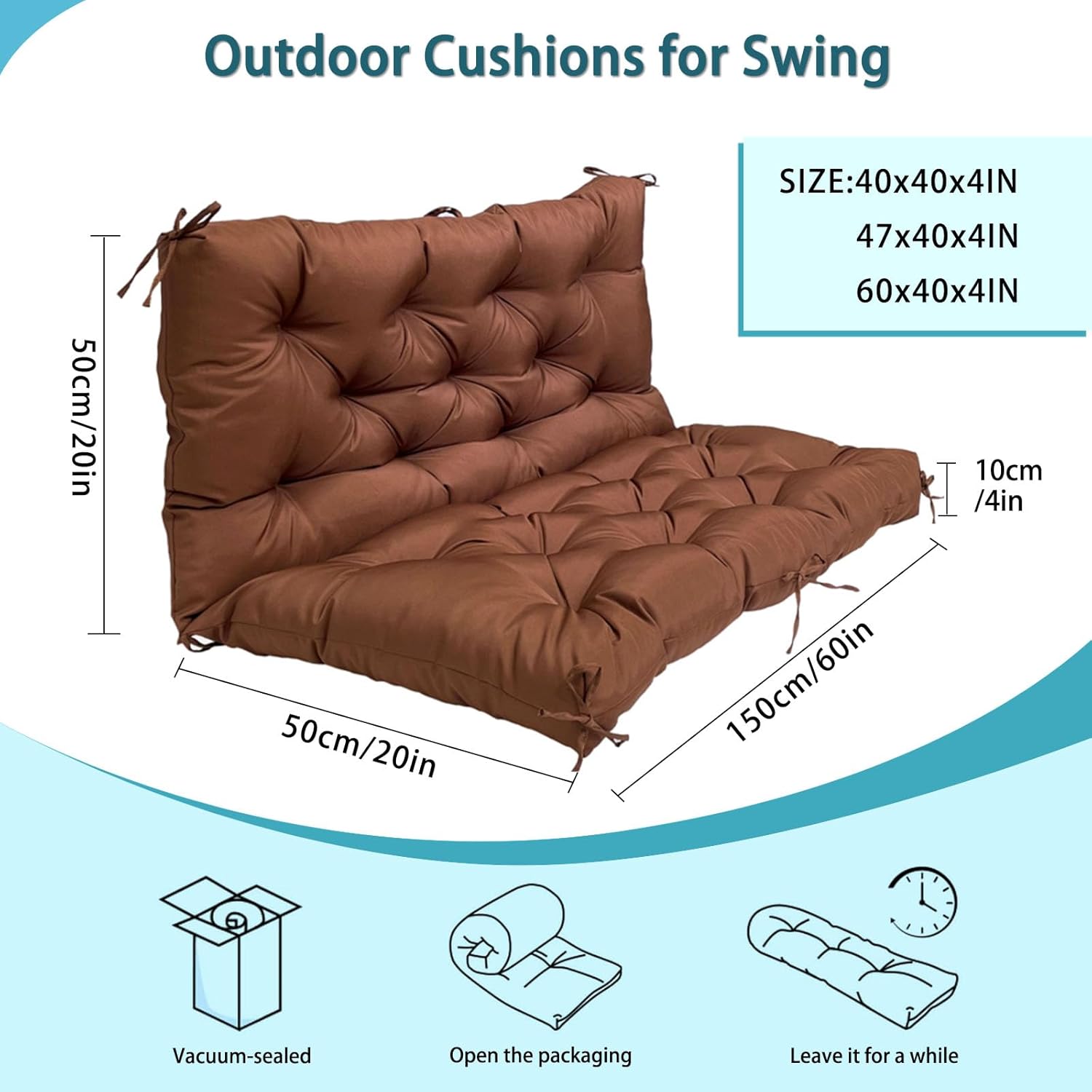 Swing Replacement Cushions for Outdoor: 2-3 Seater Bench Waterproof Cushion with Ties - 4in Thick Swing Cushion for Garden Furniture Patio Porch