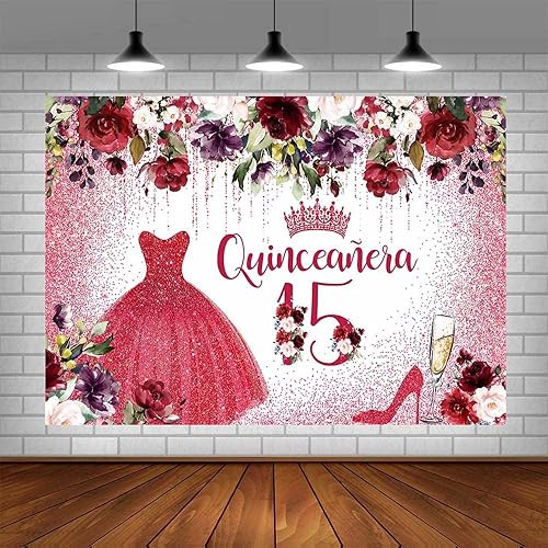 Miniatura 4 de Telón de fondo de feliz cumpleaños número 15 de 10 x 7 pies para niña, quinceañera, flores rojas burdeos, fondo de fotografía, corona roja,