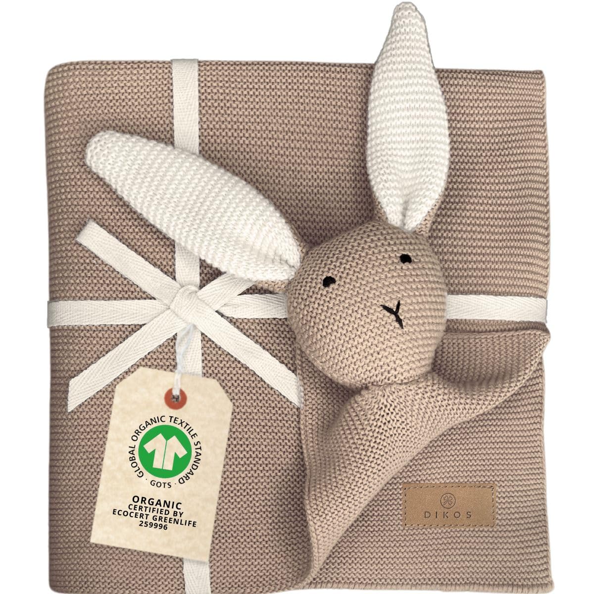 DIKOS Original 2-in-1 Babydecke & Kuscheltuch SCHMUSE-Hase – Weiche Kuscheldecke für Baby Mädchen & Jungen aus Bio-Baumwolle (Oeko Tex) – Weiche Baby-Decke als Geschenk zur Geburt – Warmes Taupe