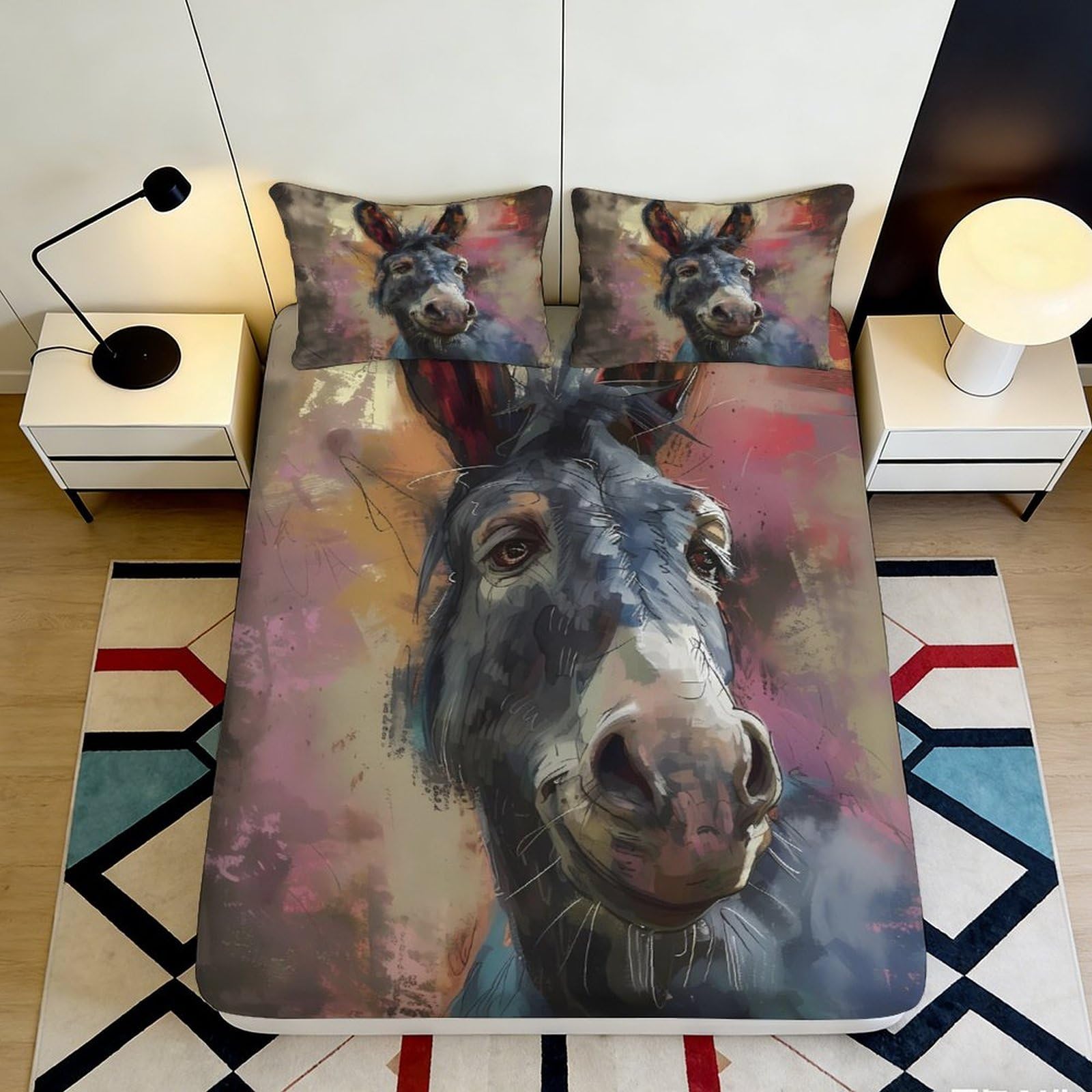 3D Printed Cartoon Donkey Fitted Sheet Microfiber Non-Slip Deep Pocket for Adults Bedroom Donkey Mattress Fitted Cover Washable 90x200x25cm