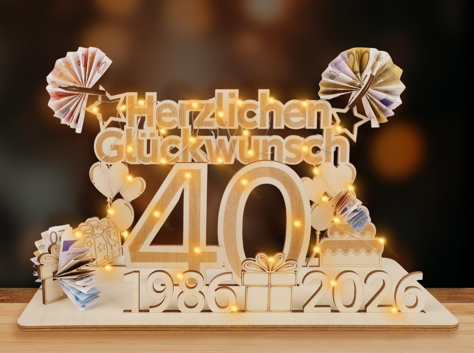 ARTREE Geldgeschenke Geburtstag Frau Mann, Holz Schild Gästebuch mit LED Lichterkette, Personalisiertes Geschenke Geburtstagszahlen, Geburtstag Deko, Hochzeit Deko