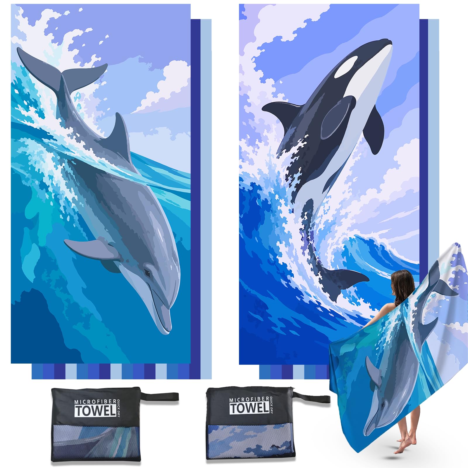 Anavasi 2 Pack Microfibre Beach Towels for Adults, 180 x 90 cm with Net Bag — image 1