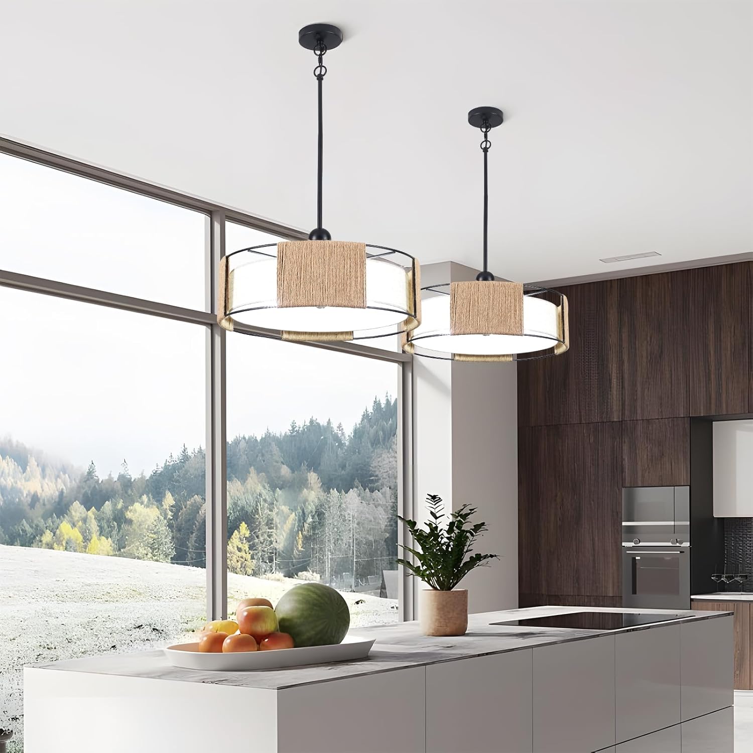 Boho Farmhouse Chandelier Light Fixture, 5-Light Adjustable Rattan Pendant Light, Hand-Woven Wicker with Linen Shade, Rustic Hanging Lighting for Dining Room Kitchen Island Bedroom Entryway