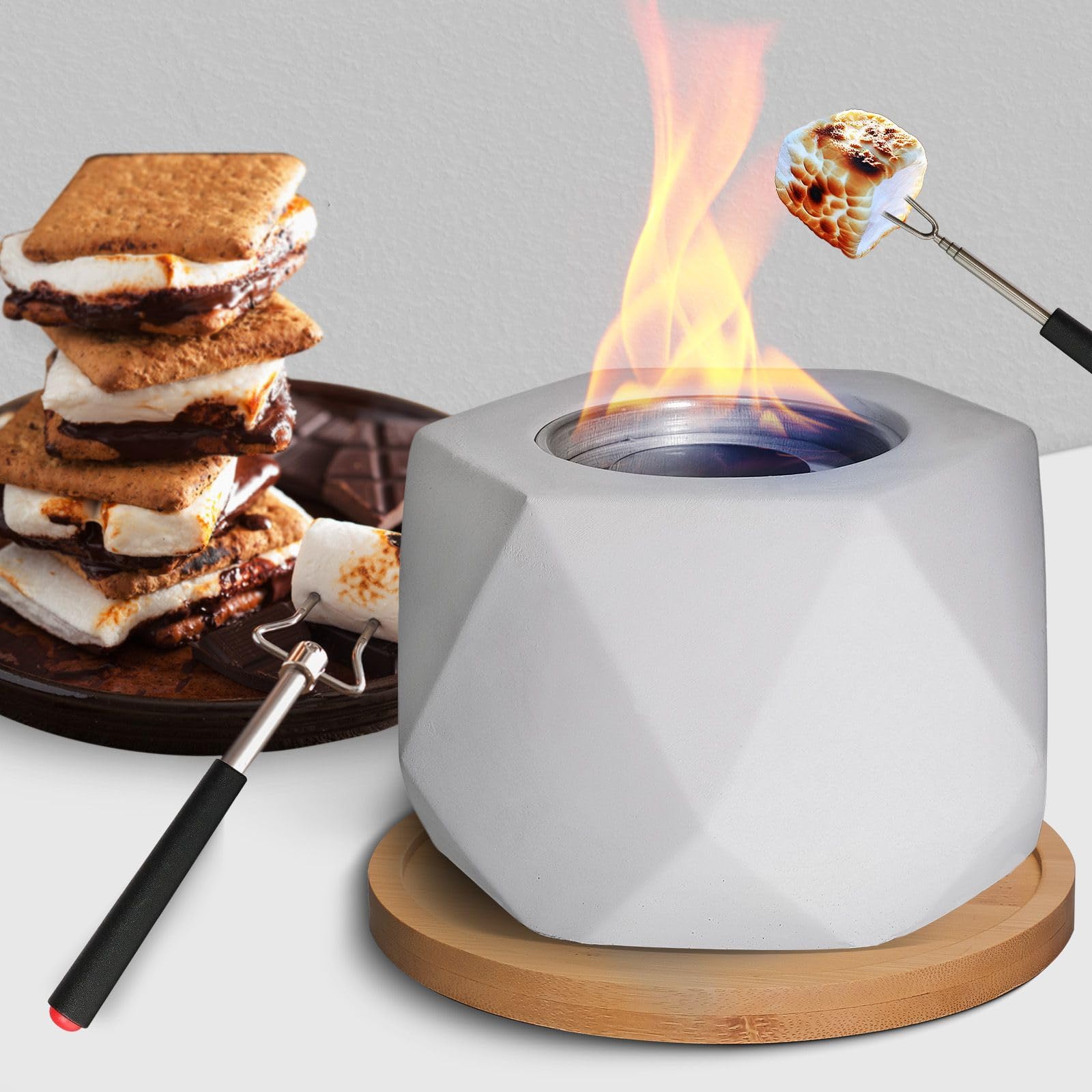 Table Top Firepit Smores Maker -Portable Mini Fire Pit with Extendable Forks & Wooden Base - Fire Pit Indoor & Outdoor - Table Top Fire Bowl Concrete Geometric Grey