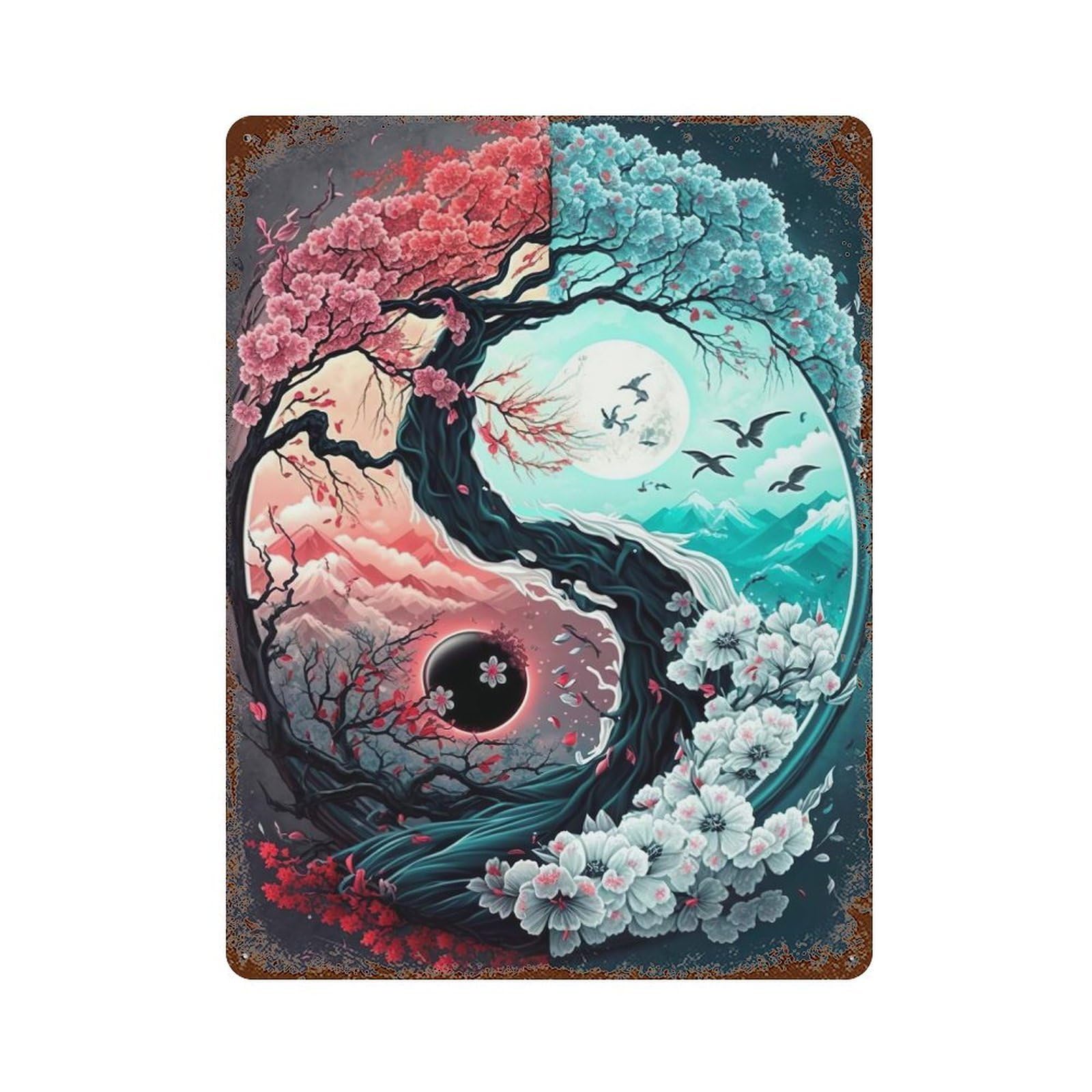 Weathered Tin Sign with Yin And Yang Lunar Eclipse Design 15.7"x11.8", for Basement, Hobby Room And Garage Decor, Industrial Home Decor
