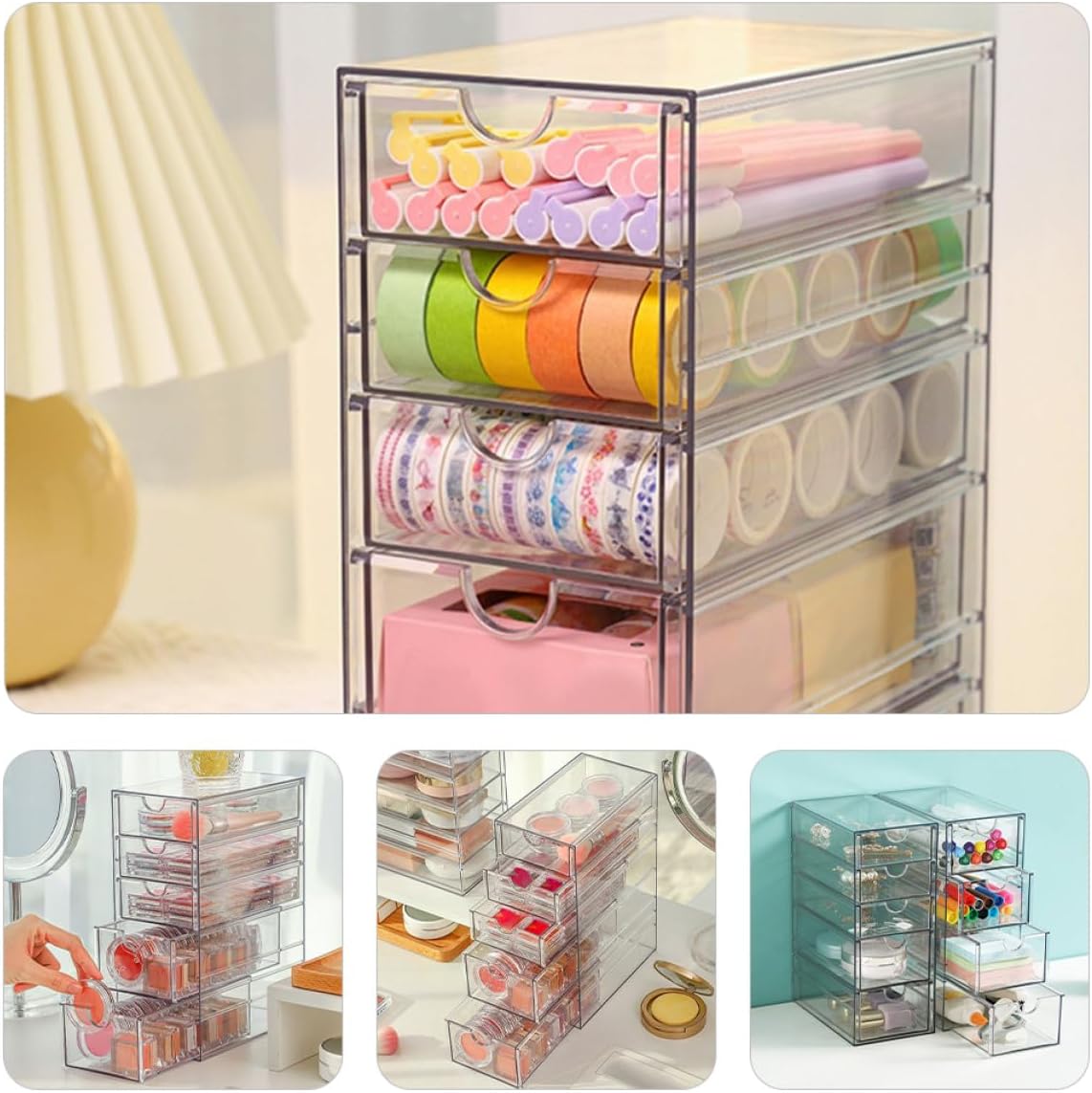 Transparent Desktop Storage Drawers Box Plastic Organizer for Makeup Jewelry Glasses and Stationery Compact Stackable Desk Storage Bin for Office School Home Use