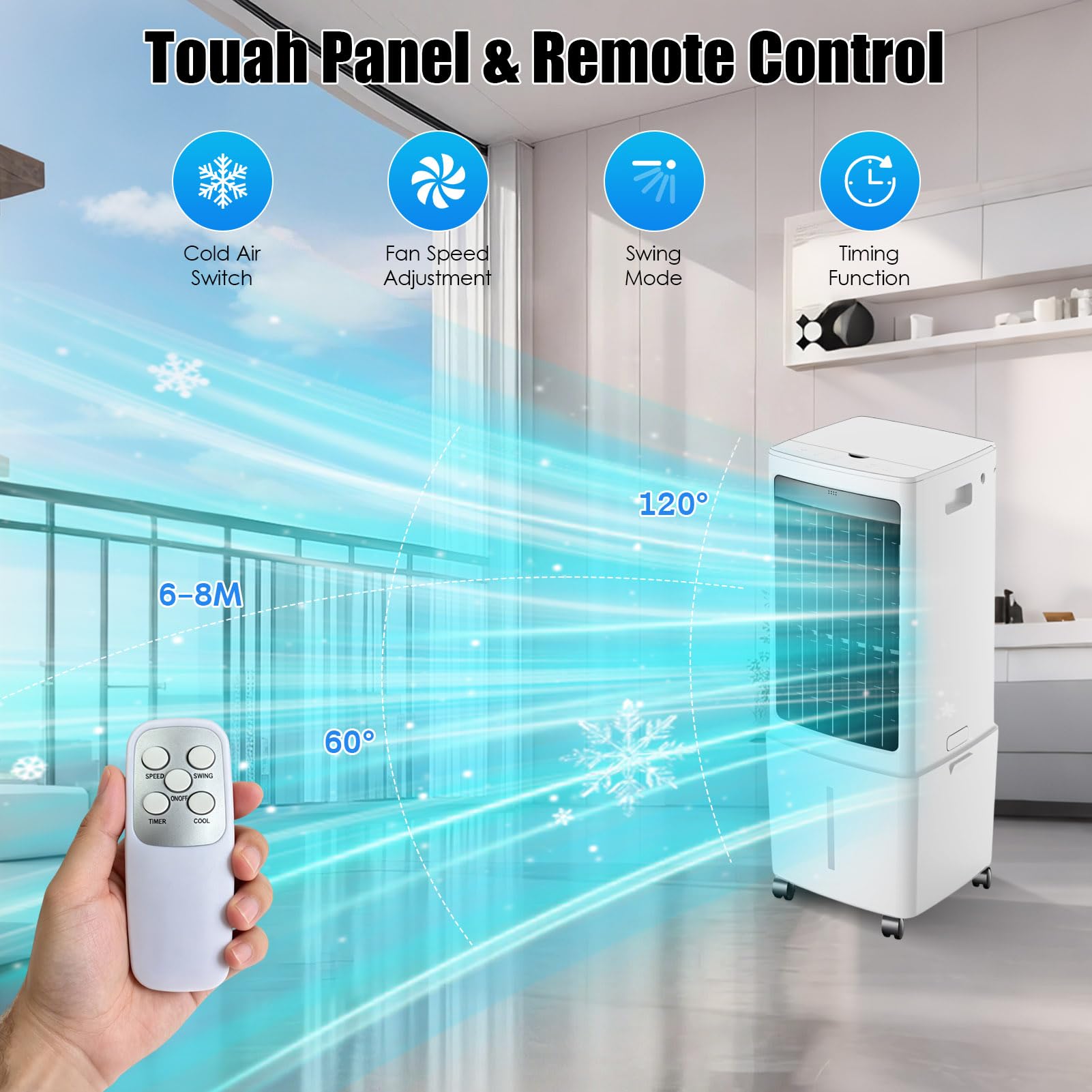 Climatiseur Mobile Sans Évacuation 12L avec Télécommande, Rafraîchisseur d'Air Évaporatif 4-en-1 Silencieux 30dB, Ventilateur Humidificateur, Débit Puissant 1000m³/h