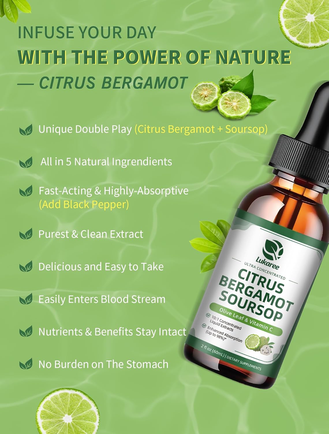 Citrus Bergamot + Soursop Liquid Drops with Olive Leaf, Vitamin C, Black Pepper for Enhanced Absorption, Herbal Wellness Supplement for Cholesterol, Heart & Digestive, Vegan, Sugar free, 2 Fl Oz