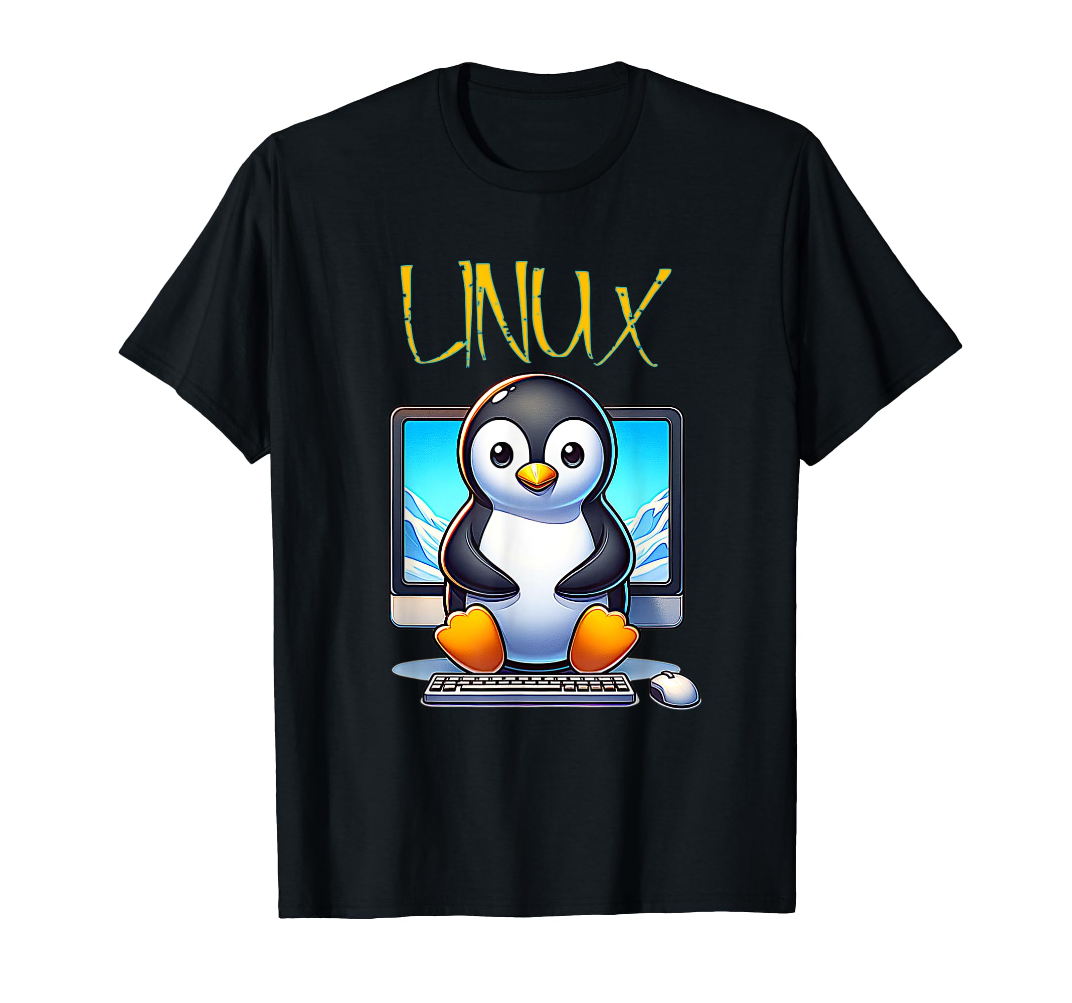 Cute and Funny Linux Tux Computer PenguinLinux Tux Penguin in Front of a Computer Monitor T-Shirt