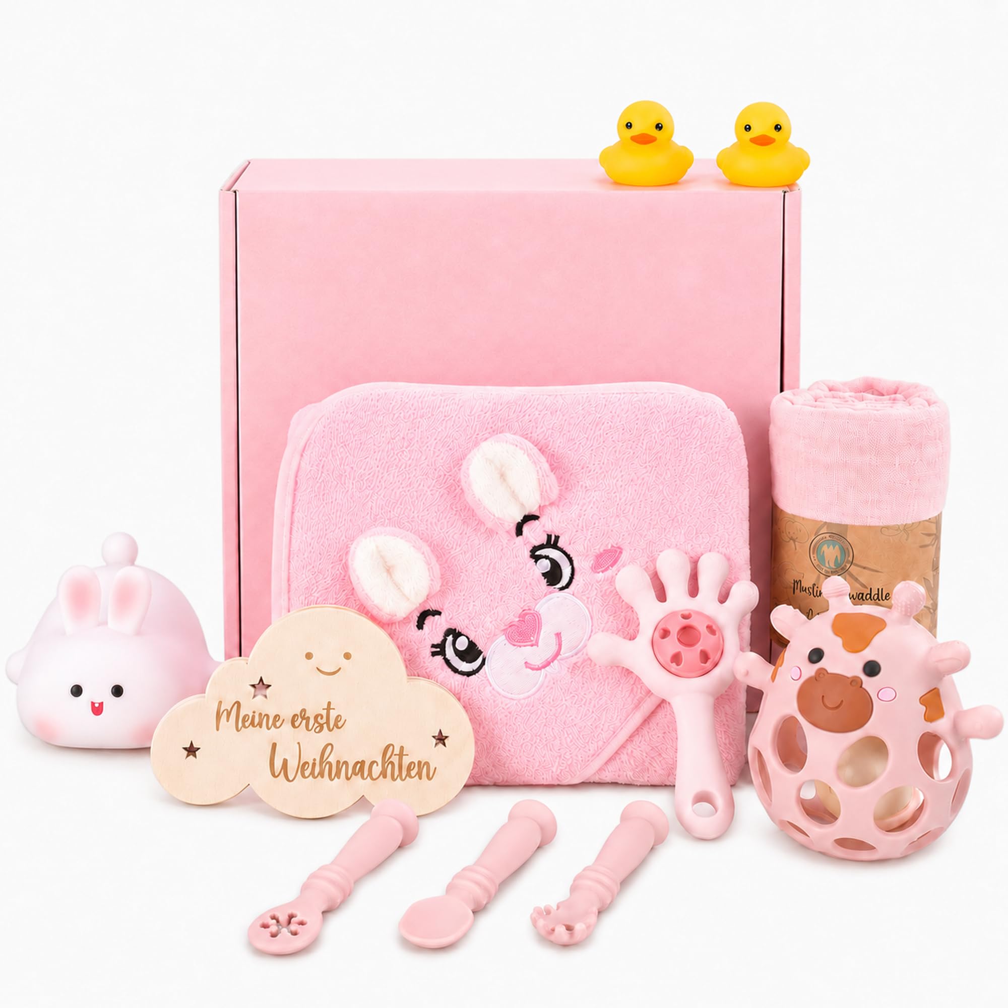 Regalo per nascita con asciugamano da bagno, sonaglio, accessori per alimenti – Regalo per neonati (rosa scuro)