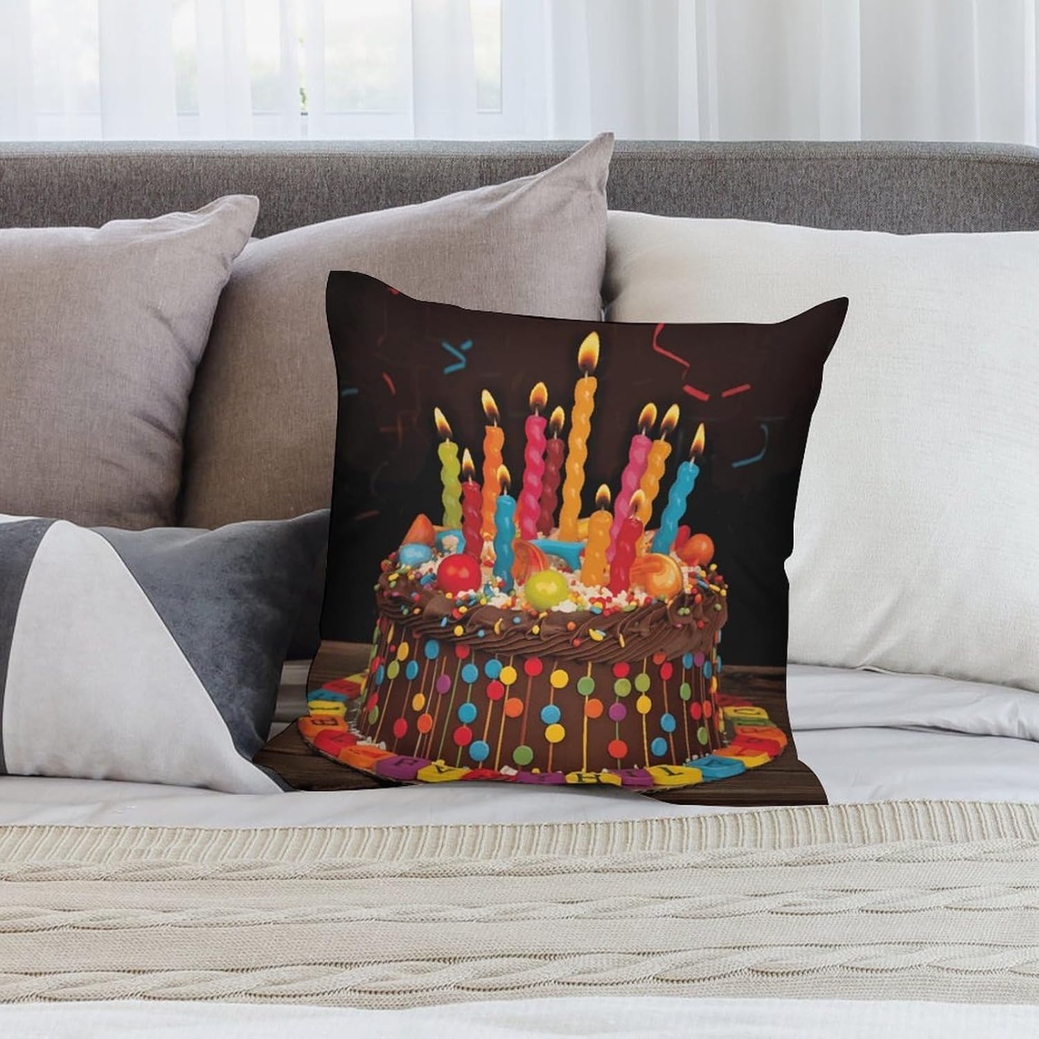 16 "x16 Throw Pillow Covers Set of 4 Happy Birthday Big Cake Pillow Cover for Sofa Square Pillowcase for Couch Bed Living Room Home Decor Plush Cushion Cases